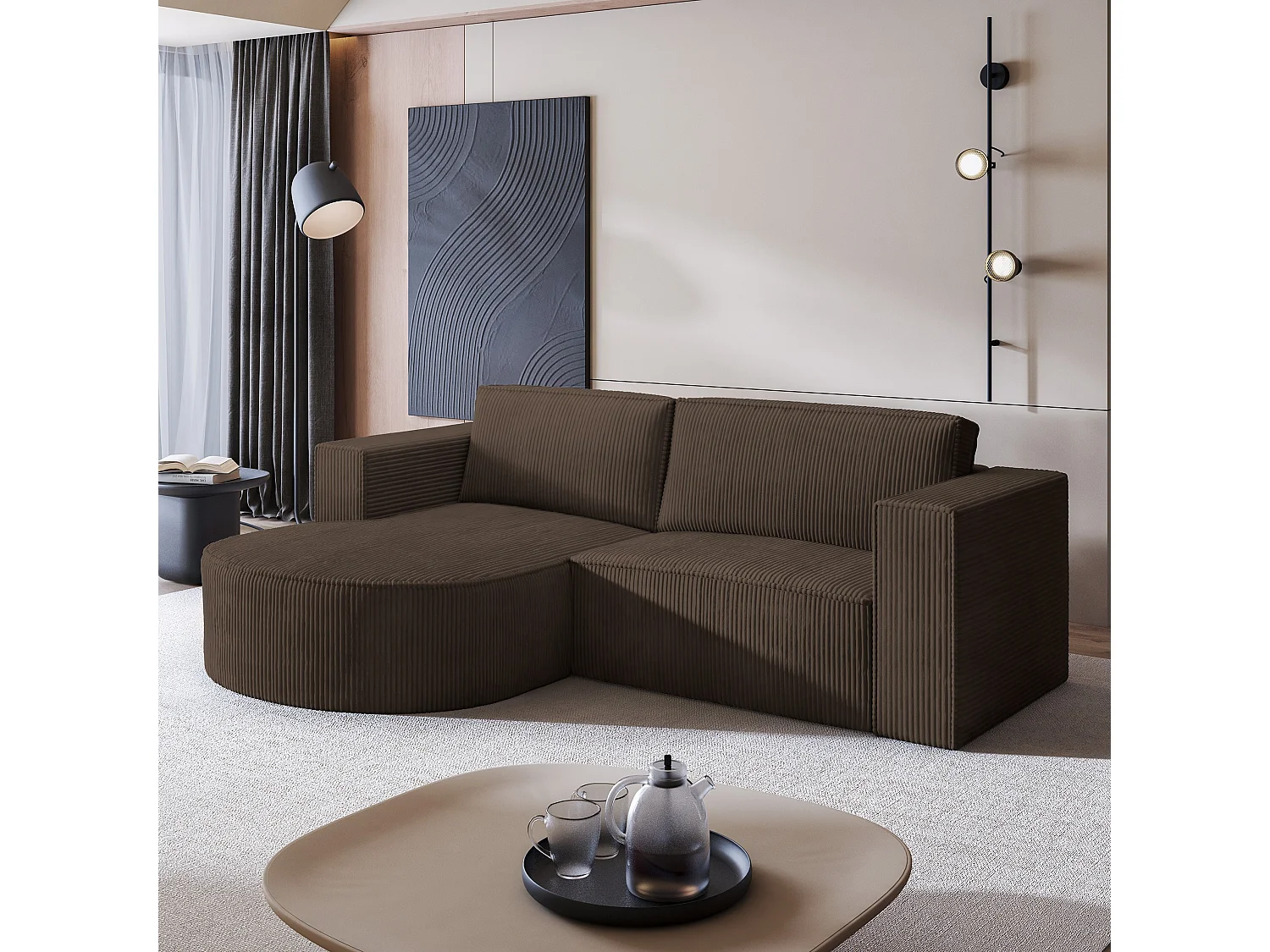 Canapé d'angle SORELA Marron en velours côtelé avec fonction de couchage