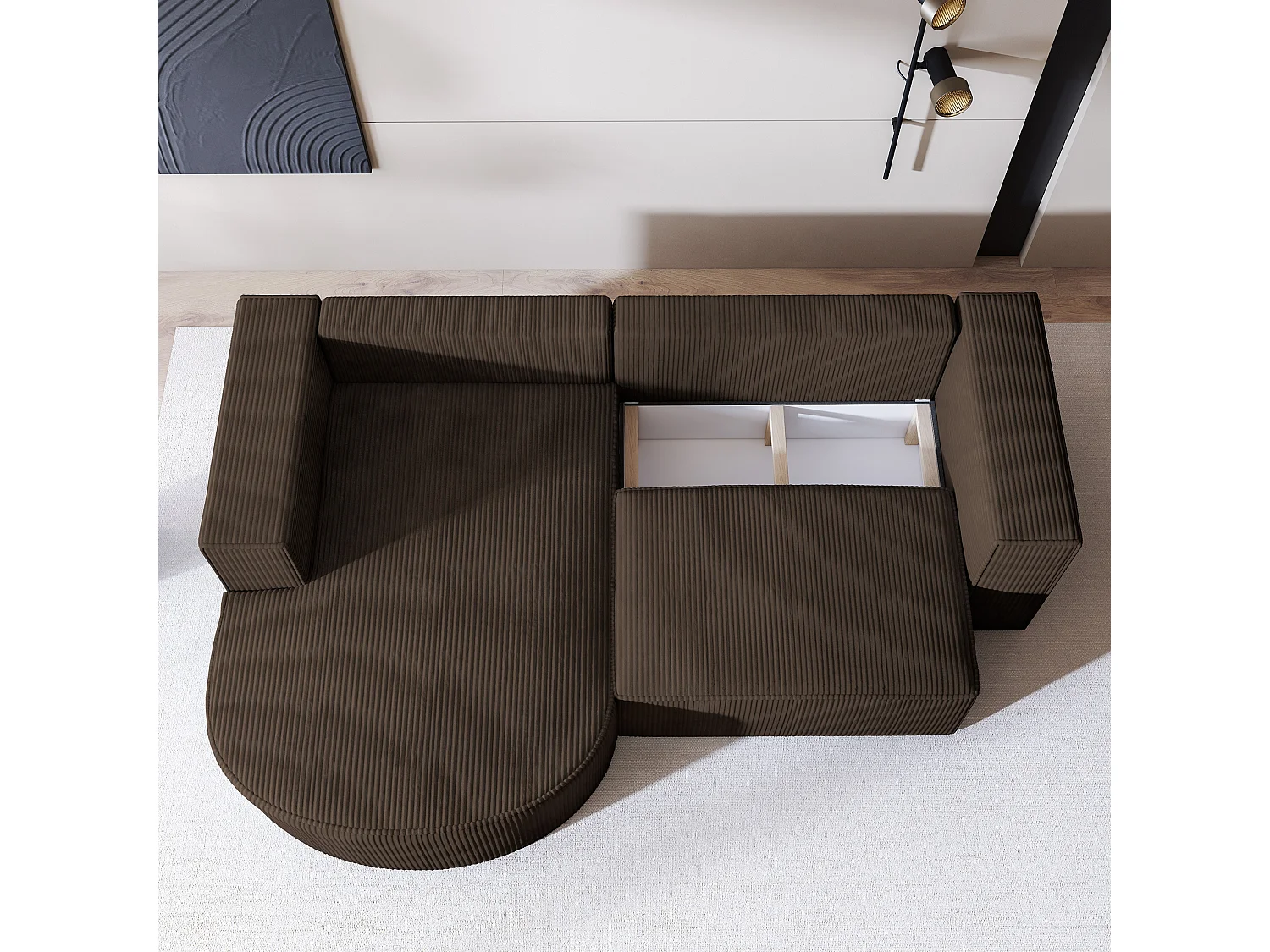 Canapé d'angle SORELA Marron en velours côtelé avec fonction de couchage