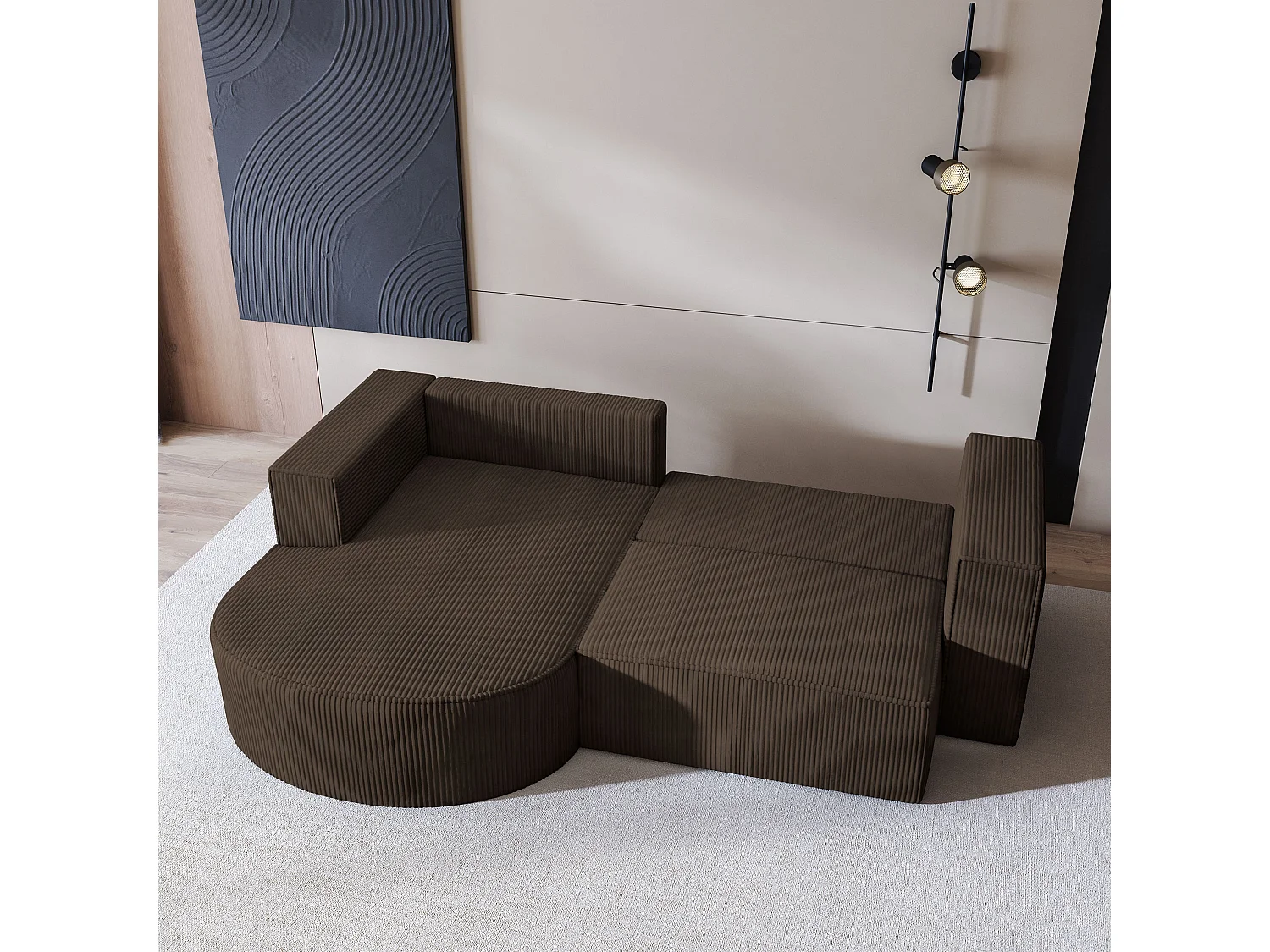 Canapé d'angle SORELA Marron en velours côtelé avec fonction de couchage