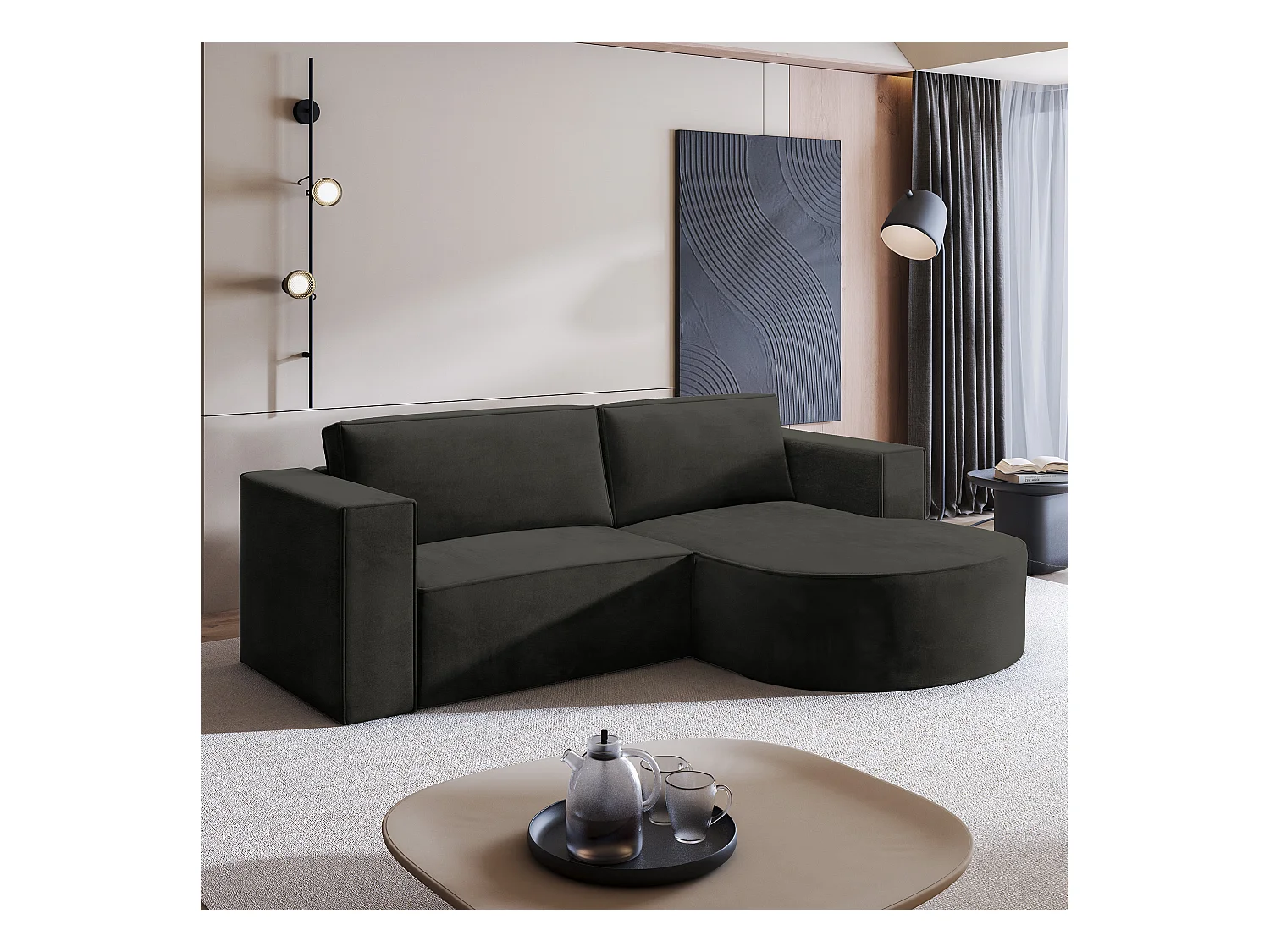 Canapé d'angle SORELA Noir en velours avec fonction de couchage