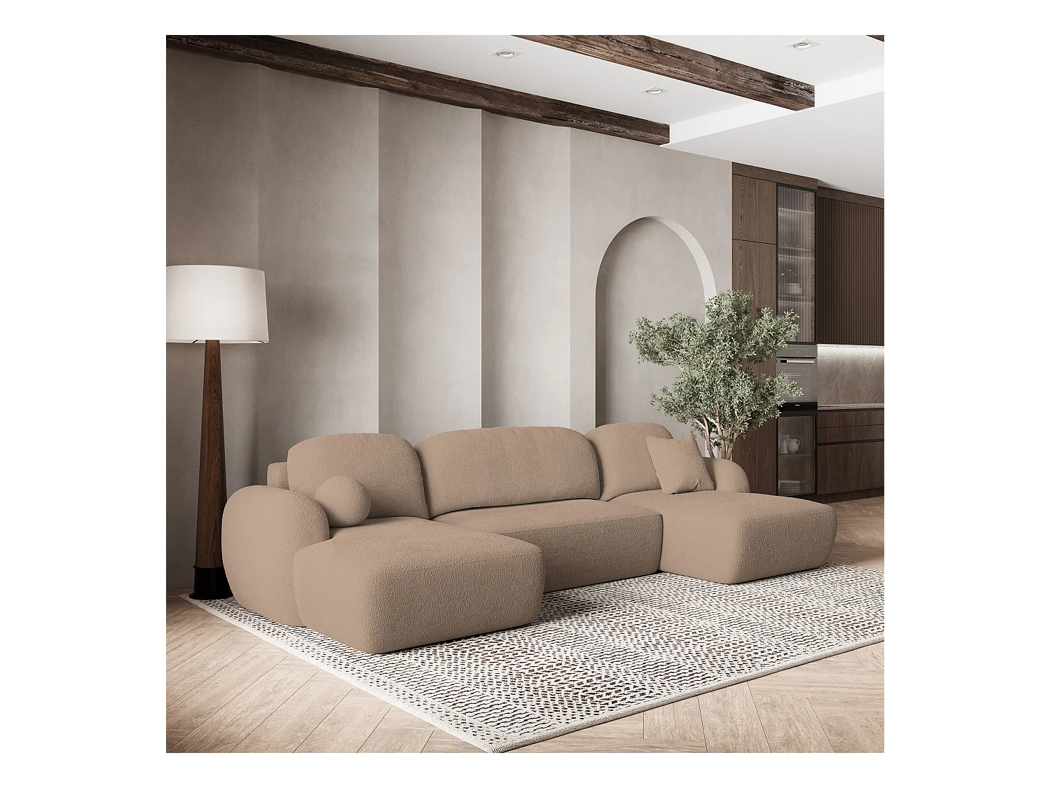 Canapé d'angle SAVONA Beige en bouclé avec fonction de couchage