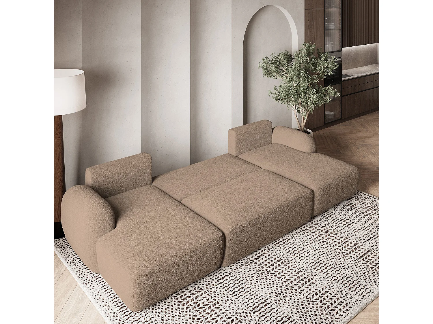 Canapé d'angle SAVONA Beige en bouclé avec fonction de couchage