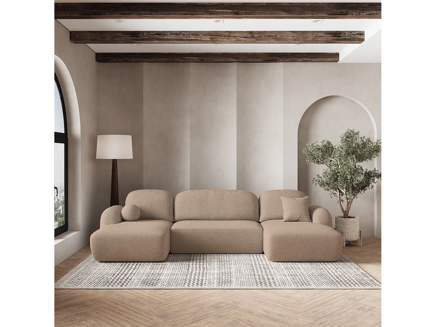 Canapé d'angle SAVONA Beige en bouclé avec fonction de couchage