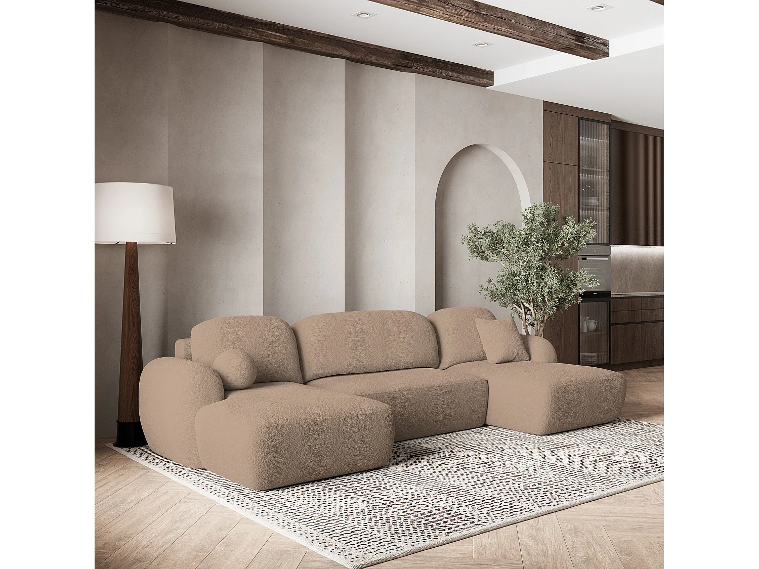 Canapé d'angle SAVONA Beige en bouclé avec fonction de couchage