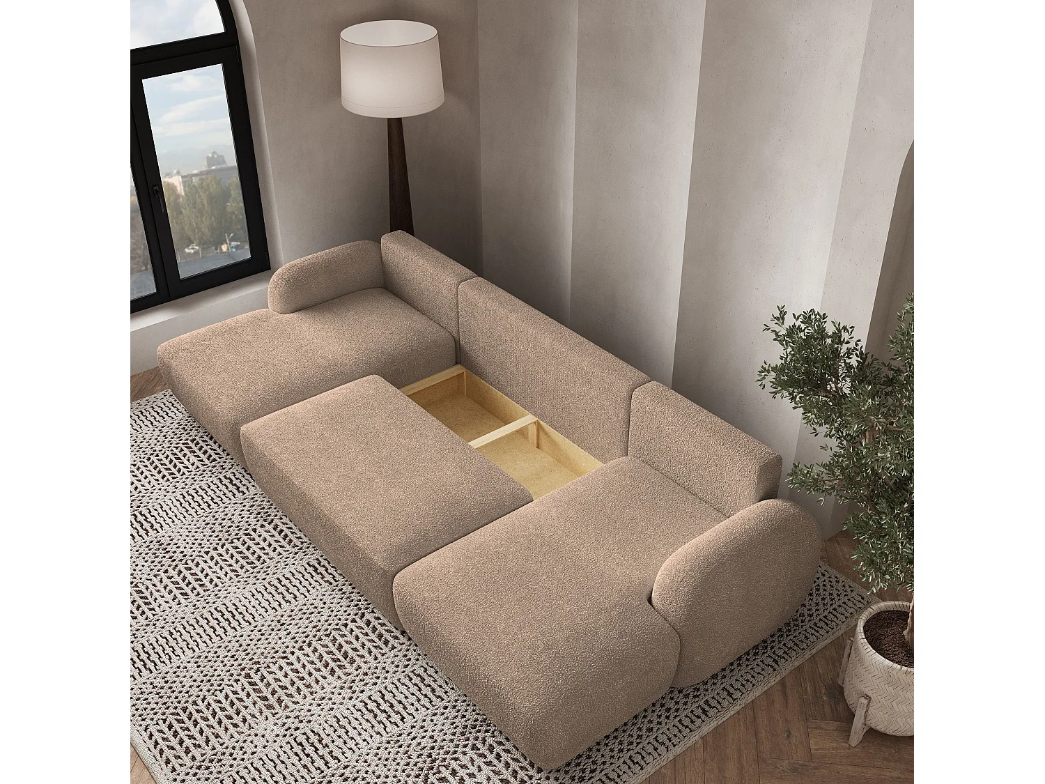 Canapé d'angle SAVONA Beige en bouclé avec fonction de couchage
