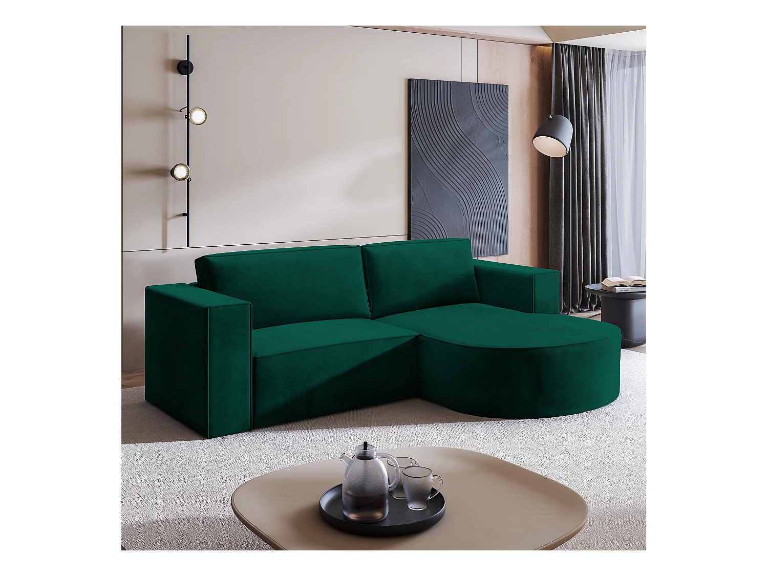 Canapé d'angle SORELA Vert Sapin en velours avec fonction de couchage