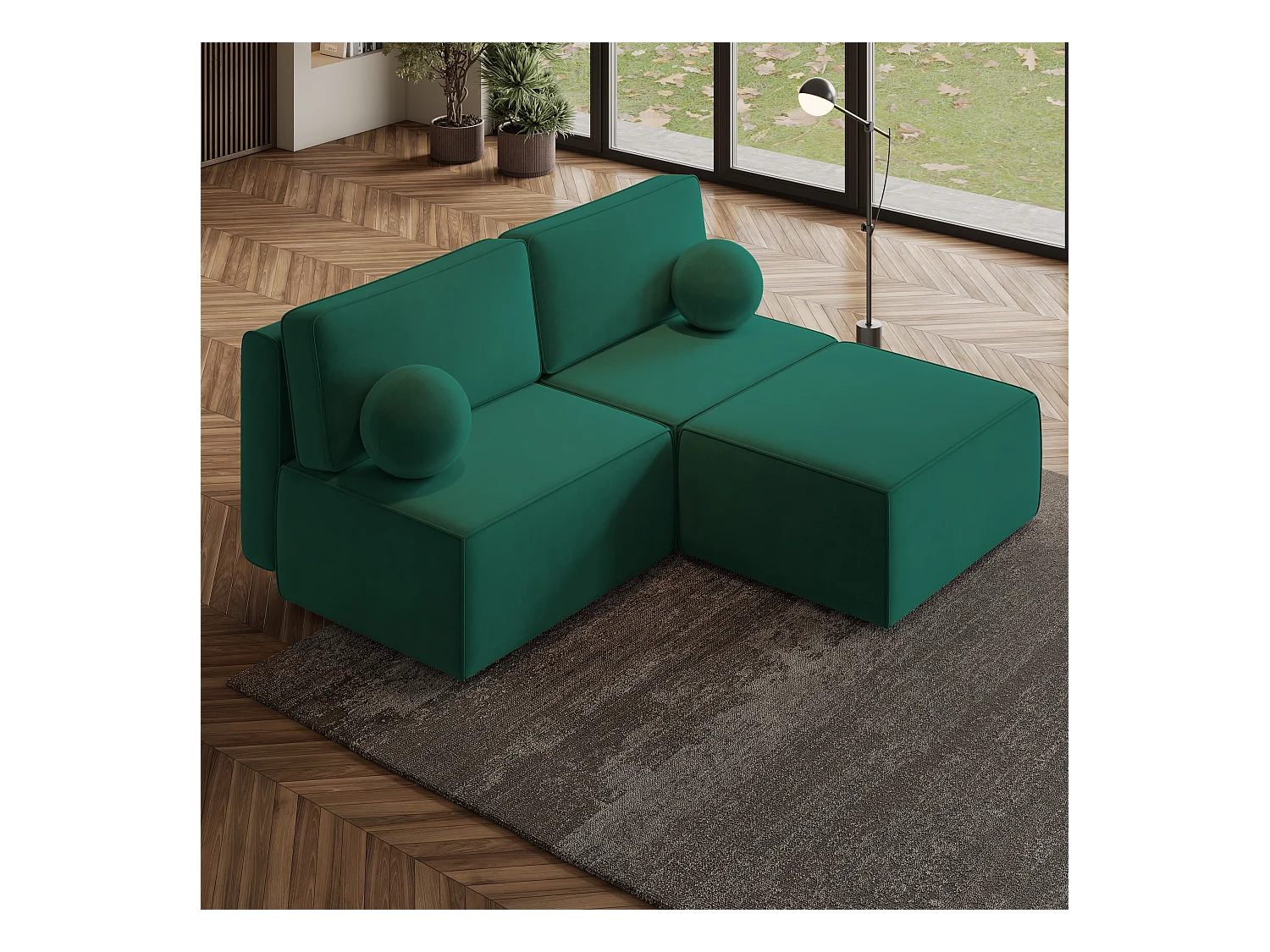 Canapé d'angle VARNA Vert Sapin en velours avec fonction de couchage