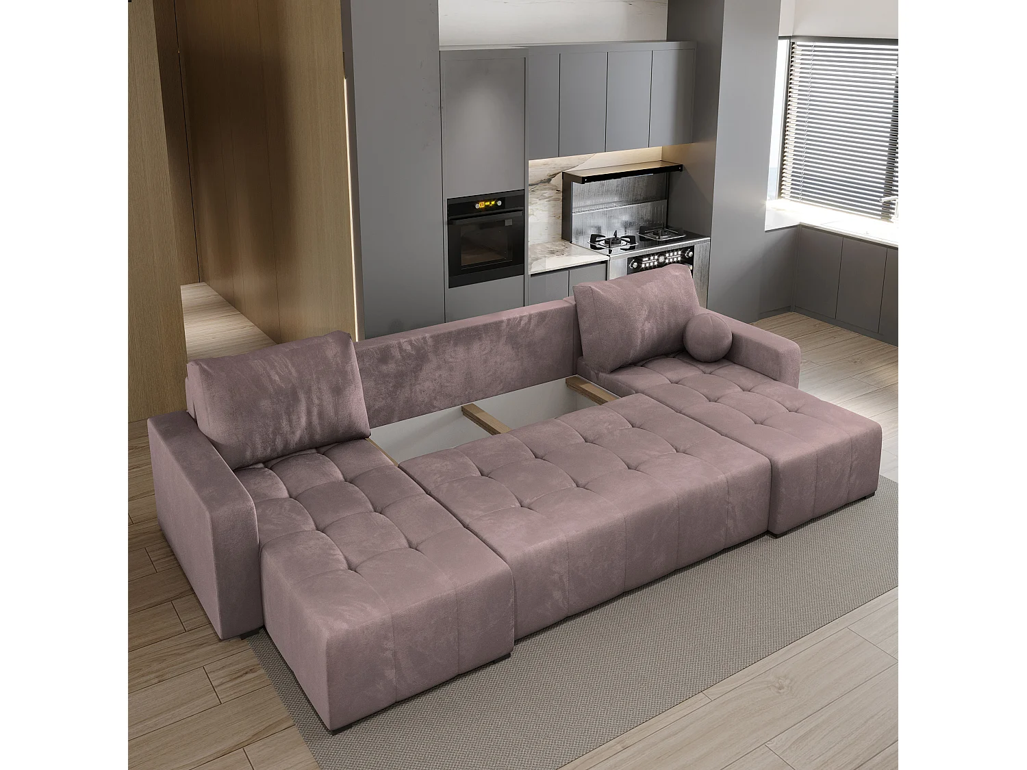 Canapé d'angle TOLARI Rose poudré en peluche avec fonction de couchage