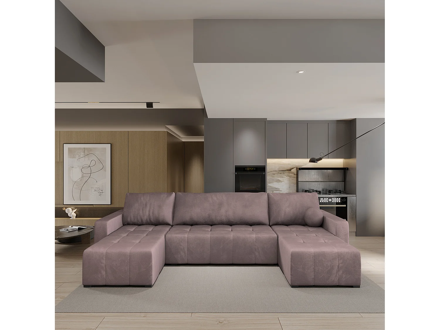 Canapé d'angle TOLARI Rose poudré en peluche avec fonction de couchage