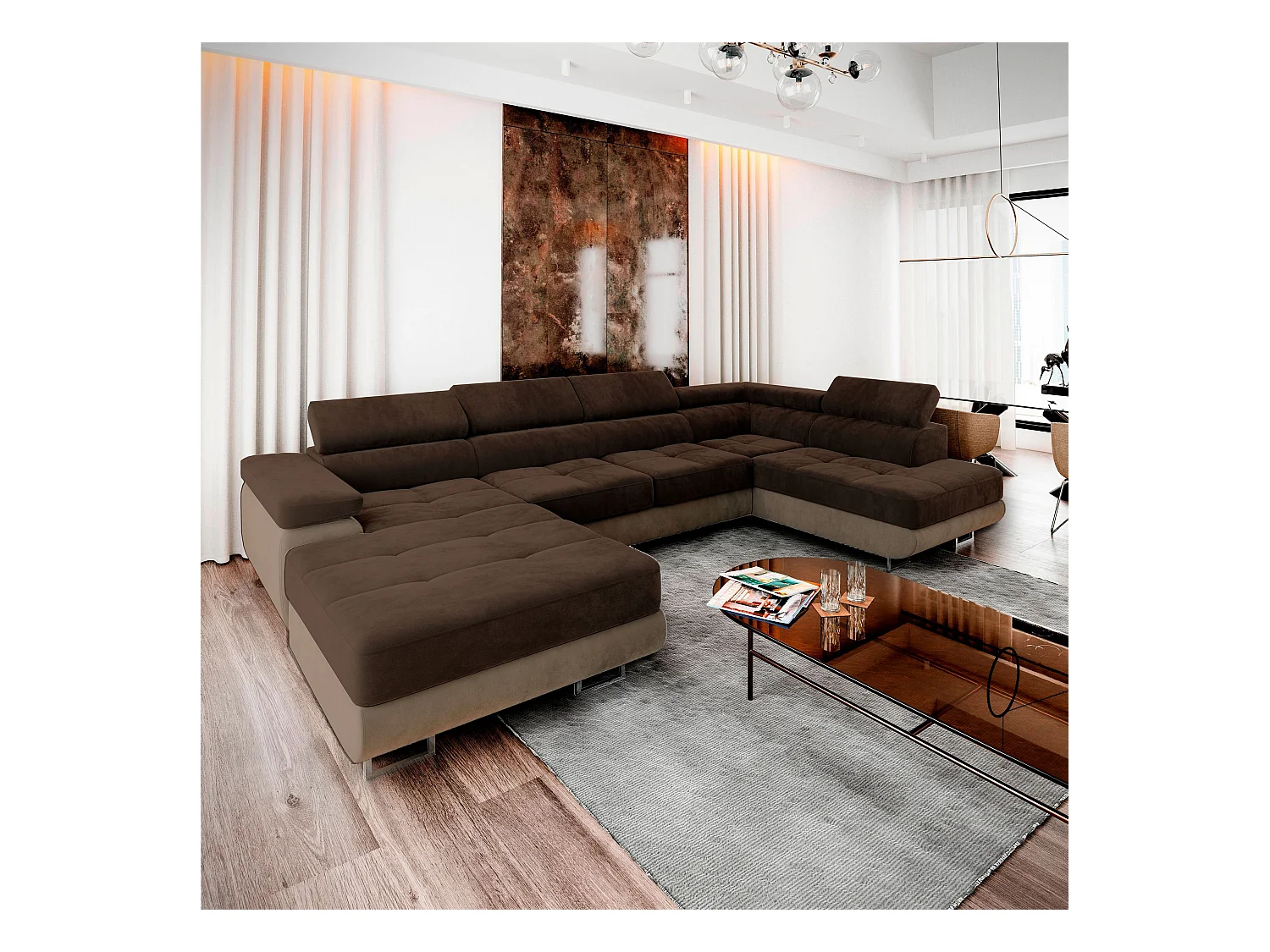 Canapé d'angle CASONE Marron en velours avec fonction de couchage