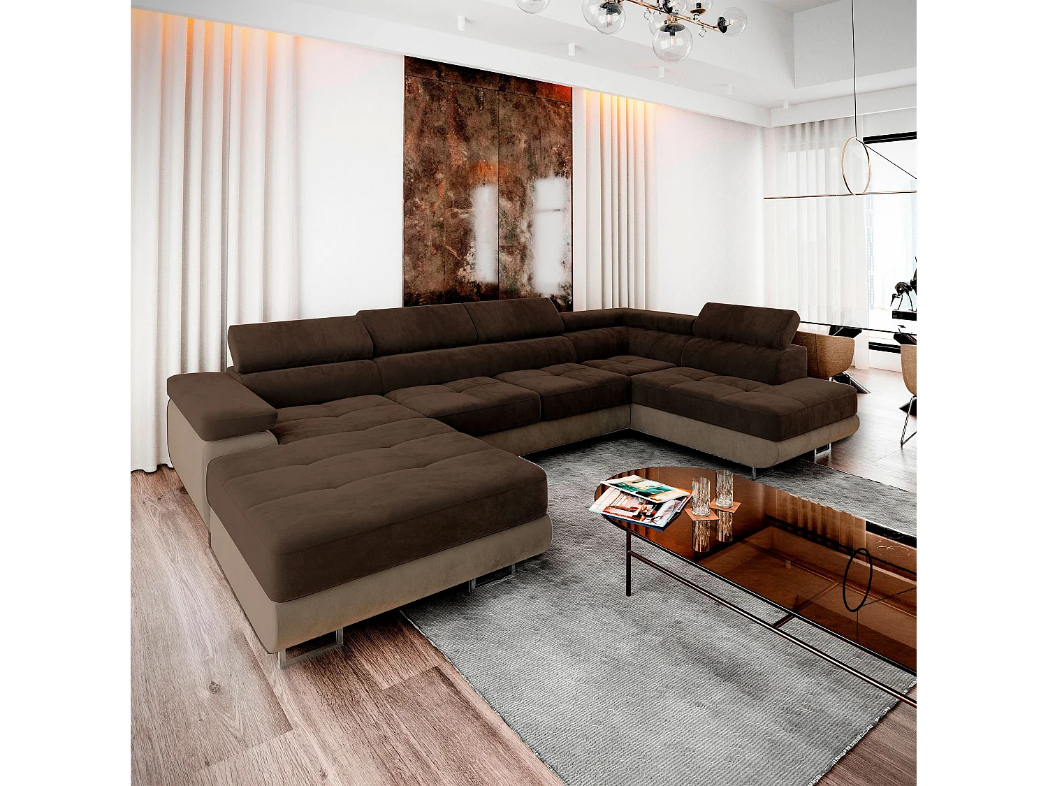 Canapé d'angle CASONE Marron en velours avec fonction de couchage