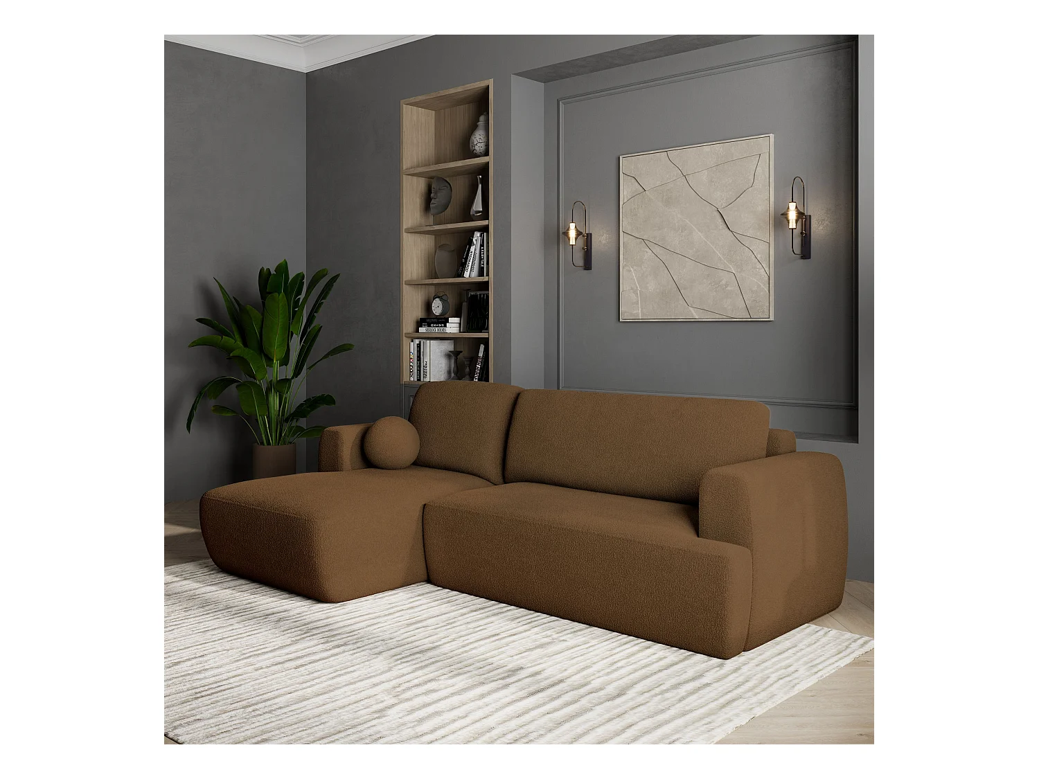 Canapé d'angle SENTI Marron en bouclé avec fonction de couchage