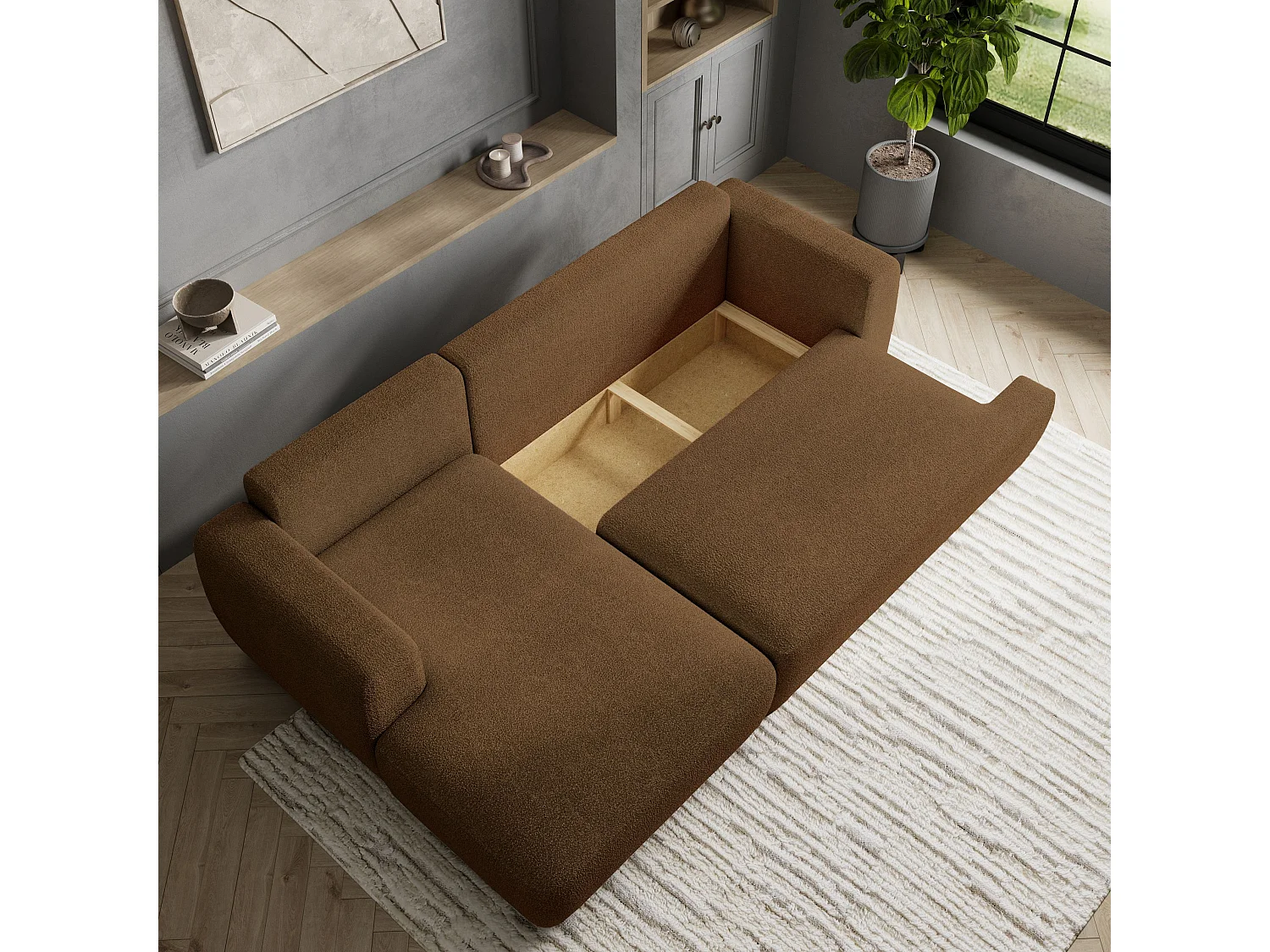 Canapé d'angle SENTI Marron en bouclé avec fonction de couchage