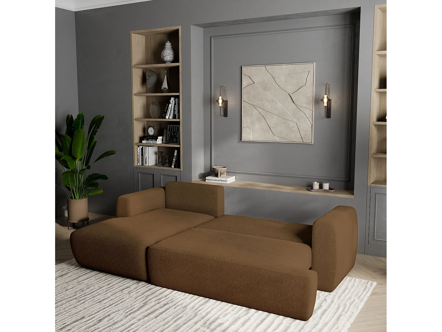 Canapé d'angle SENTI Marron en bouclé avec fonction de couchage