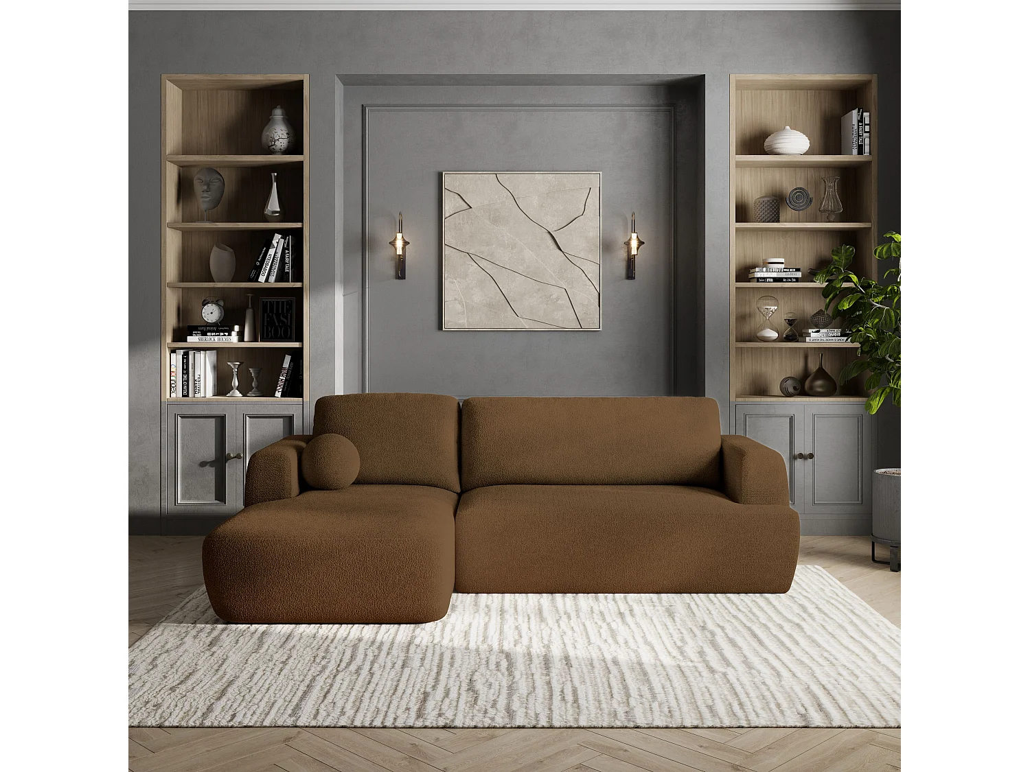 Canapé d'angle SENTI Marron en bouclé avec fonction de couchage