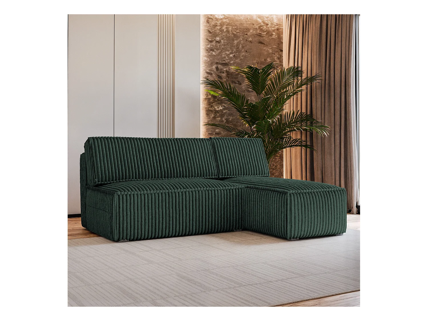 Canapé d'angle BRISO Vert Sapin en velours côtelé avec fonction de couchage