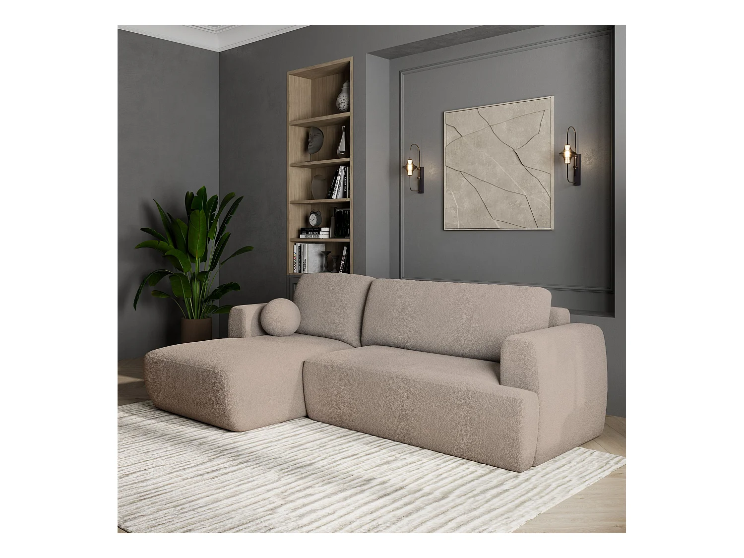 Canapé d'angle SENTI Beige en bouclé avec fonction de couchage