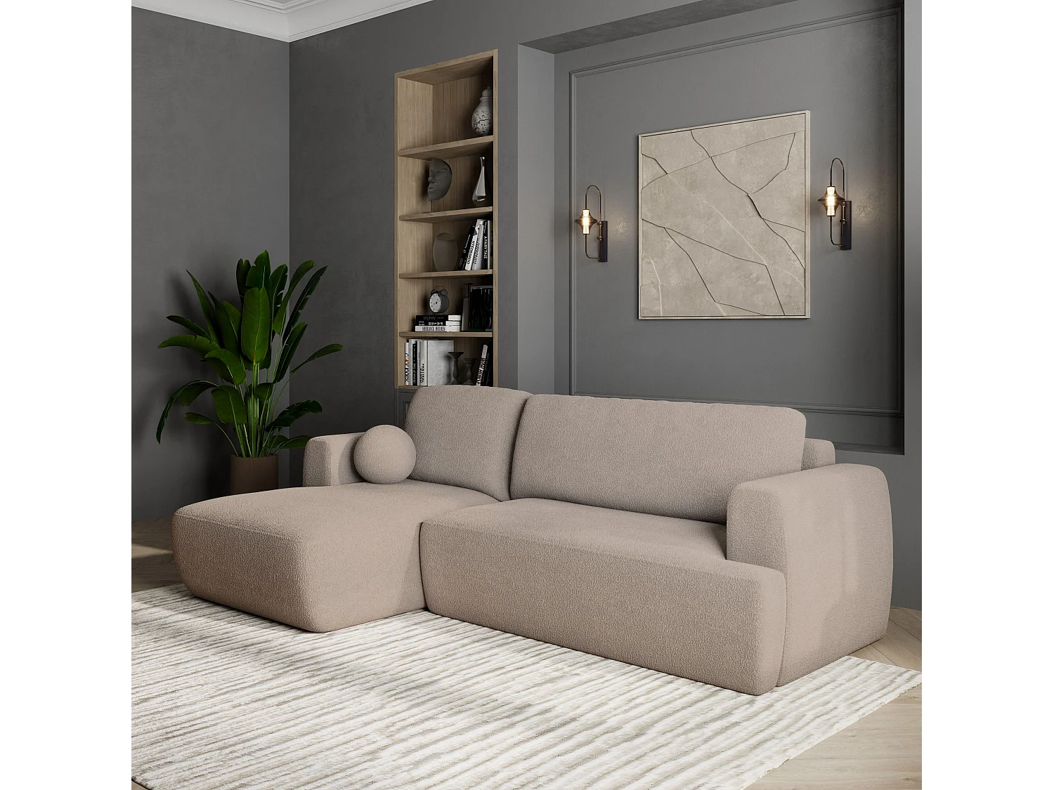 Canapé d'angle SENTI Beige en bouclé avec fonction de couchage