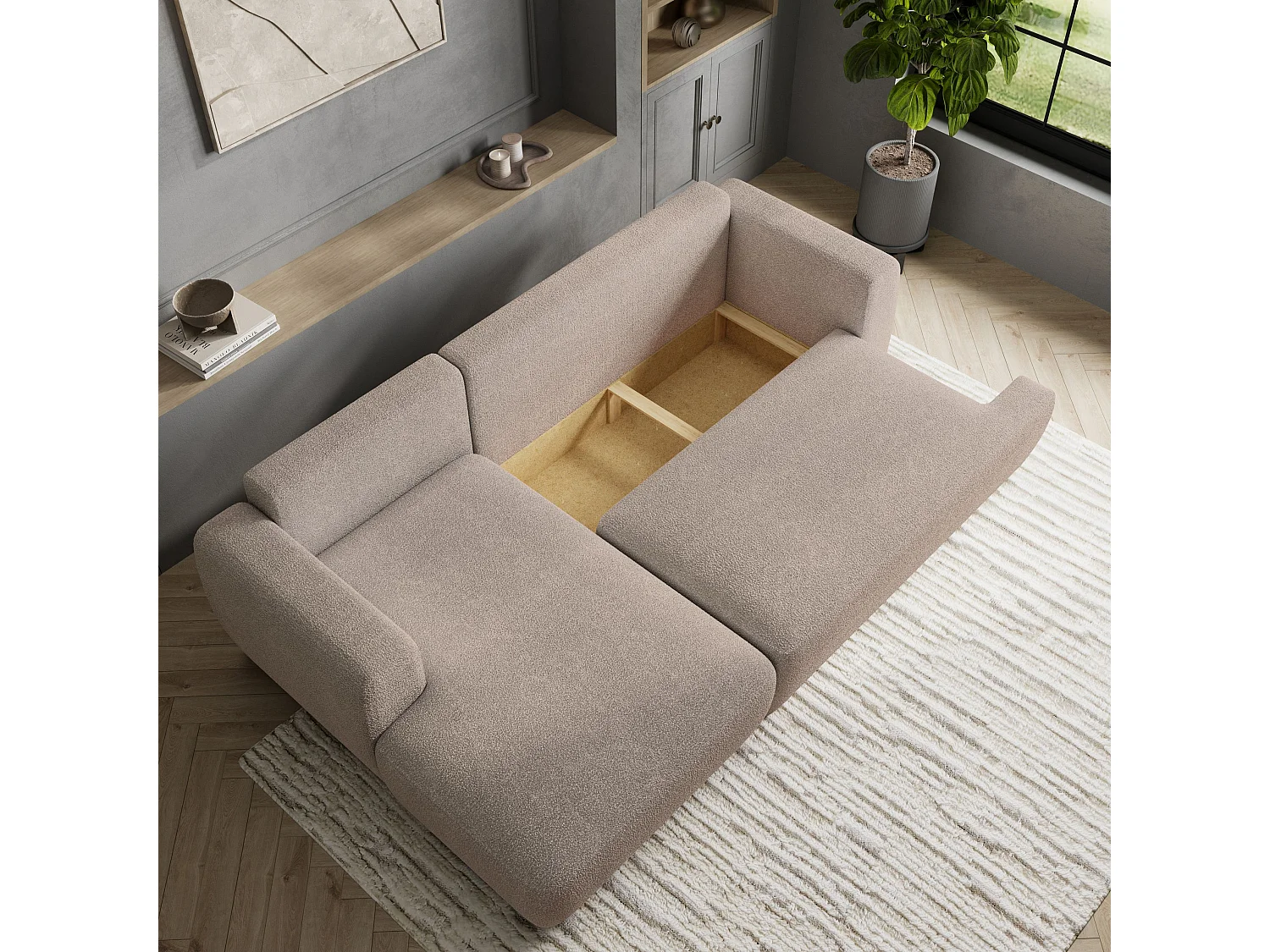 Canapé d'angle SENTI Beige en bouclé avec fonction de couchage