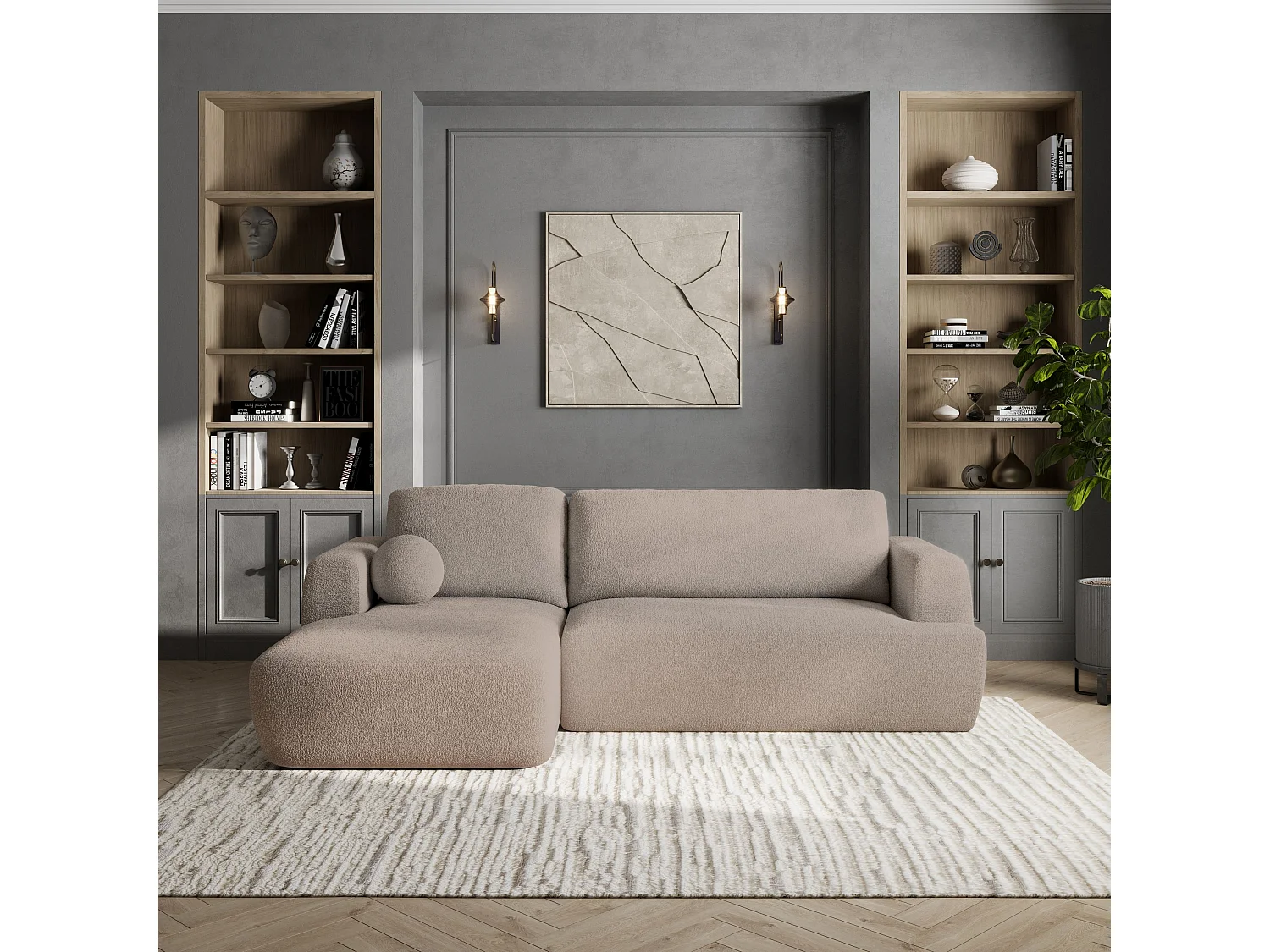 Canapé d'angle SENTI Beige en bouclé avec fonction de couchage