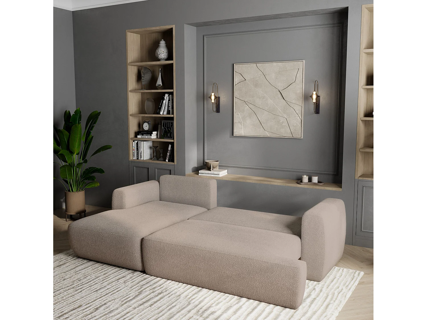 Canapé d'angle SENTI Beige en bouclé avec fonction de couchage