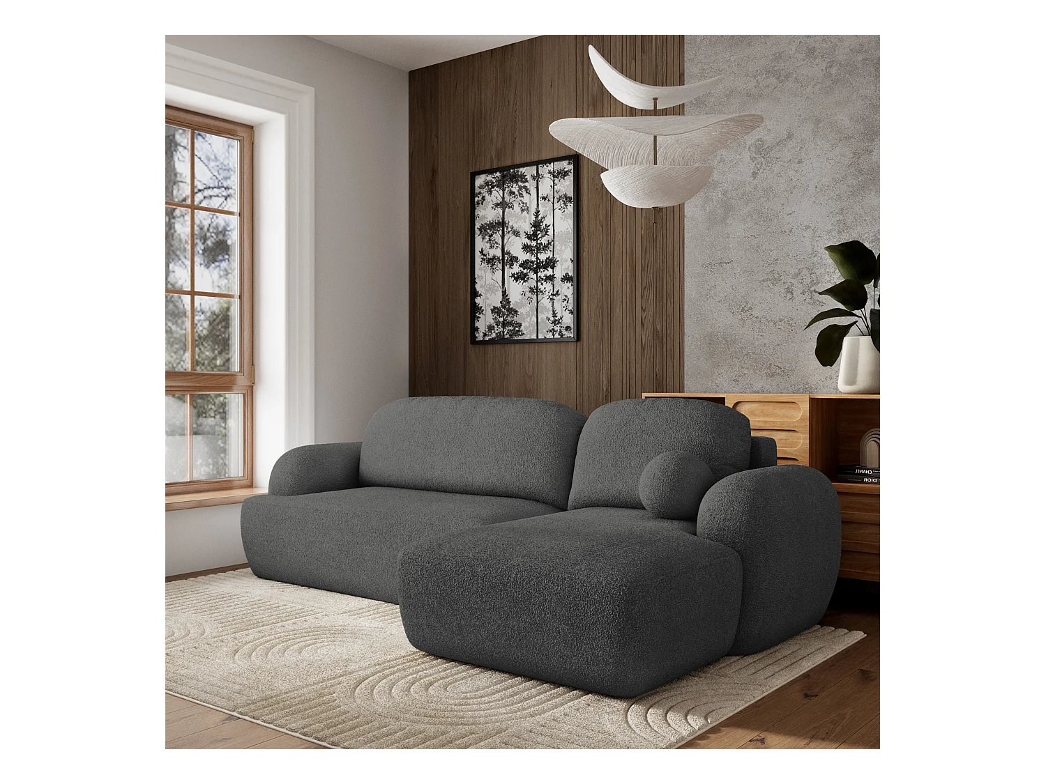 Canapé d'angle MODENZA Gris en bouclé avec fonction de couchage