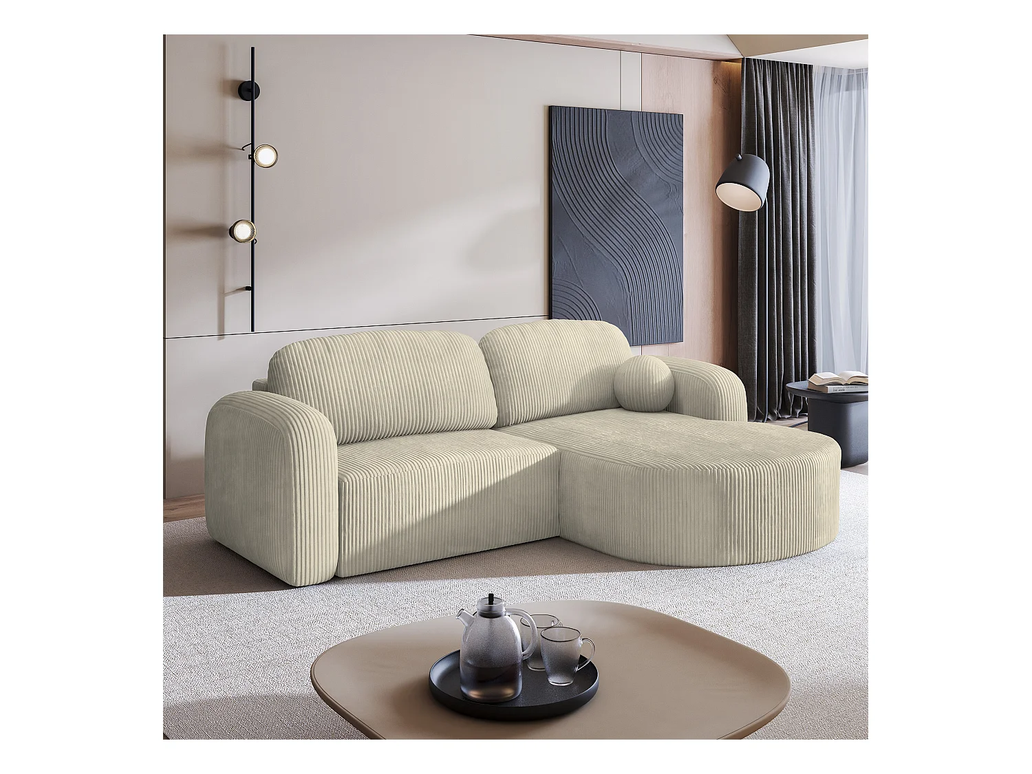 Canapé d'angle AMILIA Crème en velours côtelé avec fonction de couchage