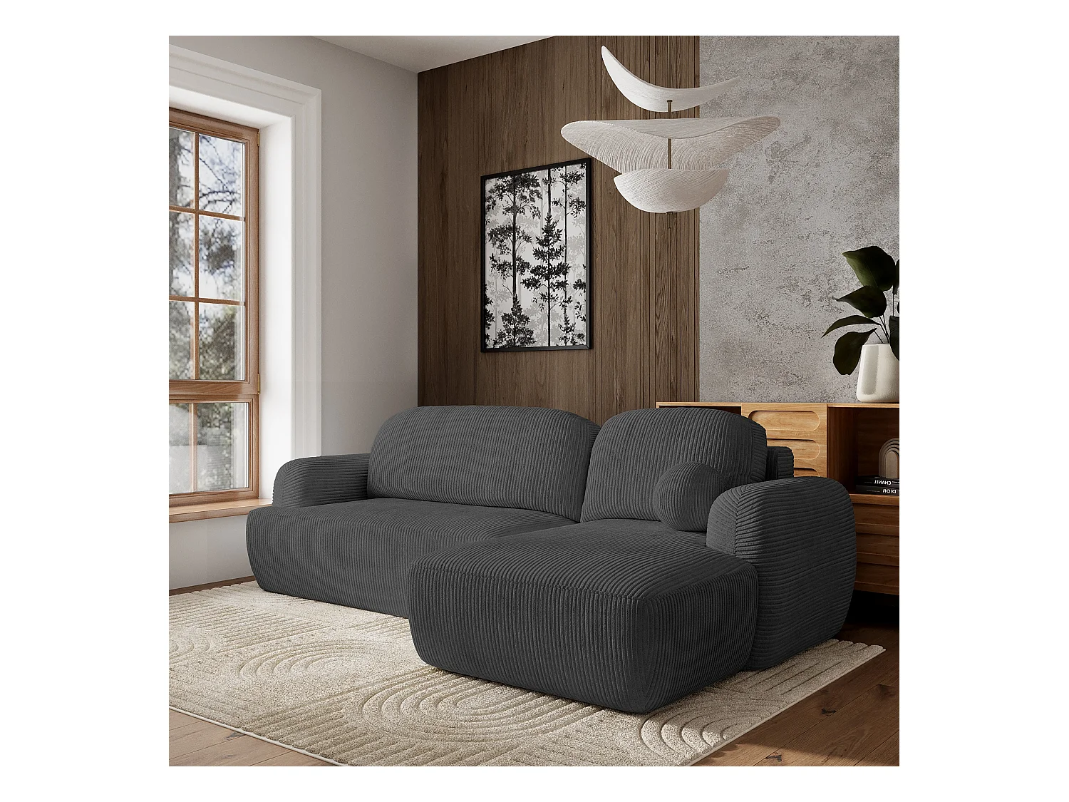 Canapé d'angle MODENZA Gris anthracite en velours côtelé avec fonction de couchage