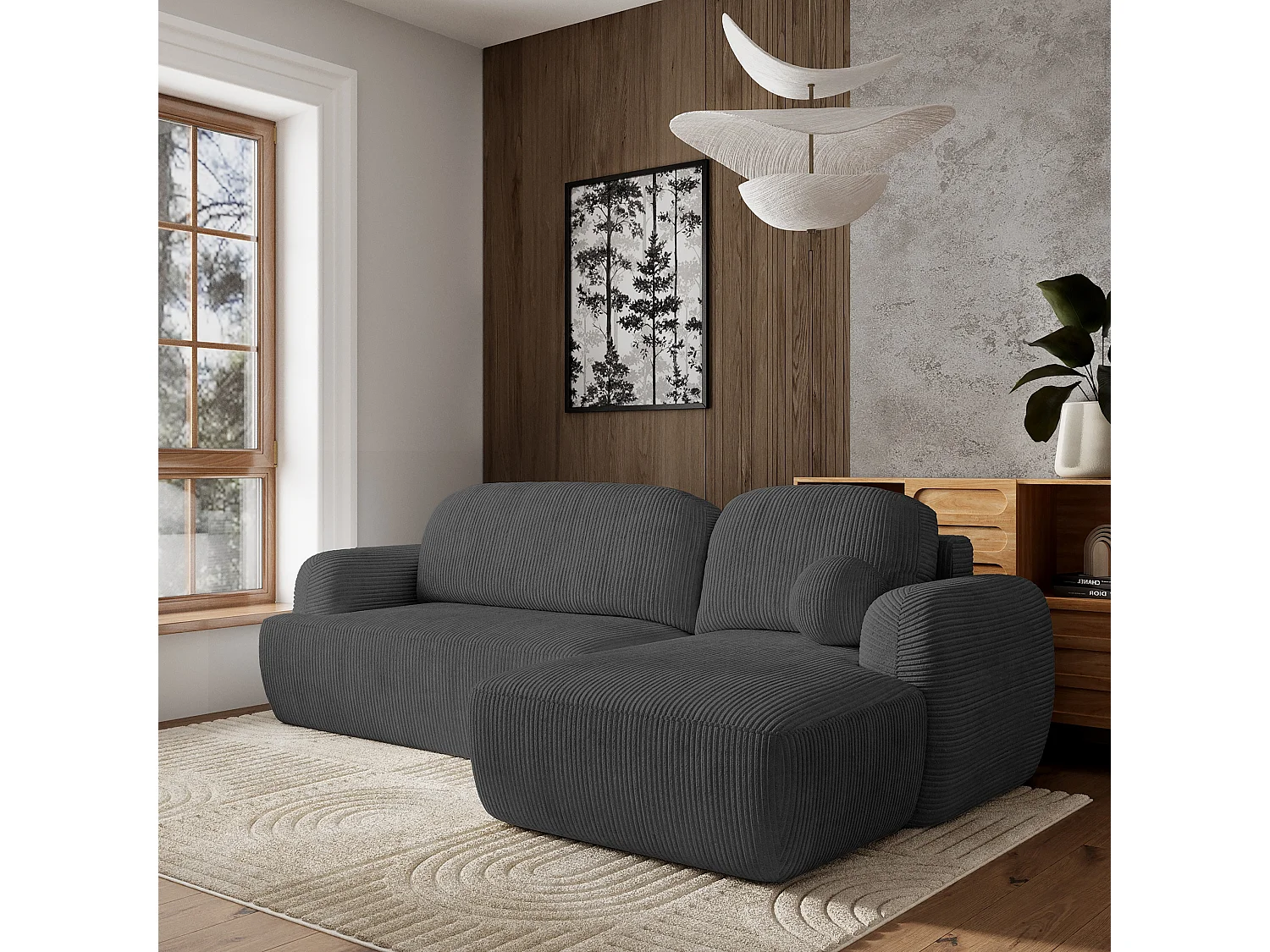 Canapé d'angle MODENZA Gris anthracite en velours côtelé avec fonction de couchage