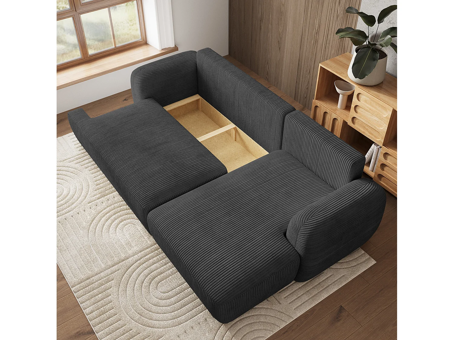 Canapé d'angle MODENZA Gris anthracite en velours côtelé avec fonction de couchage
