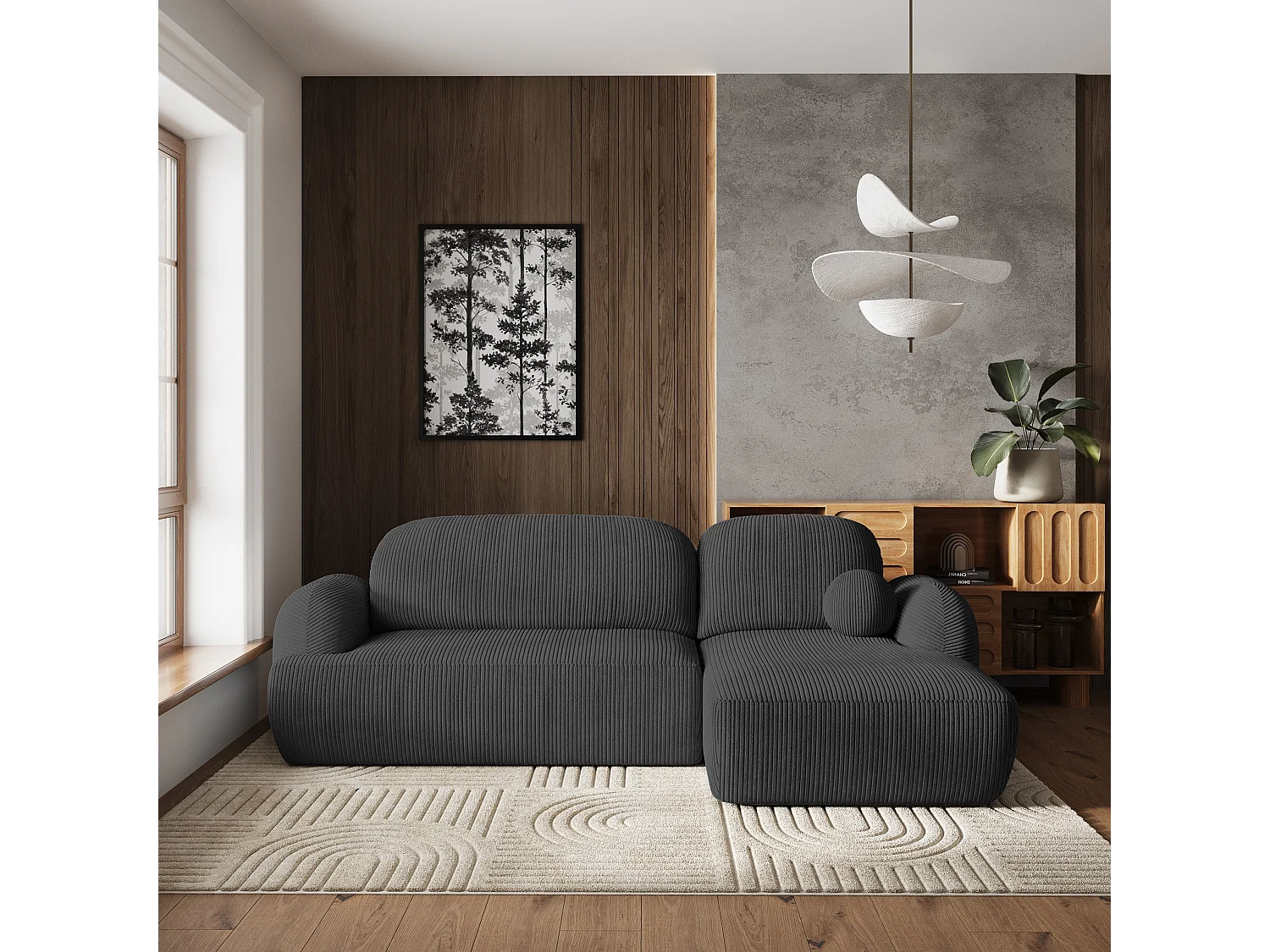 Canapé d'angle MODENZA Gris anthracite en velours côtelé avec fonction de couchage