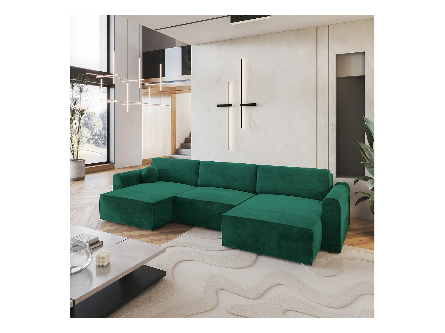 Canapé d'angle FENTO Vert Sapin en velours avec fonction de couchage