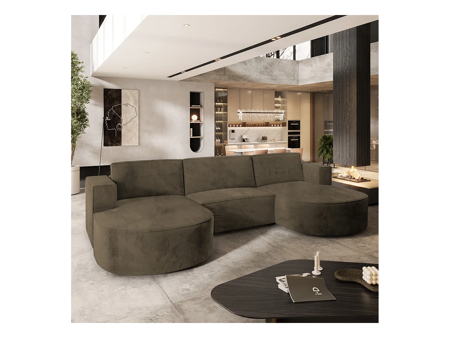 Canapé d'angle VEZZO Beige en velours avec fonction de couchage