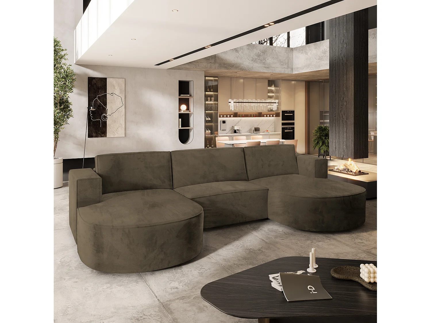 Canapé d'angle VEZZO Beige en velours avec fonction de couchage