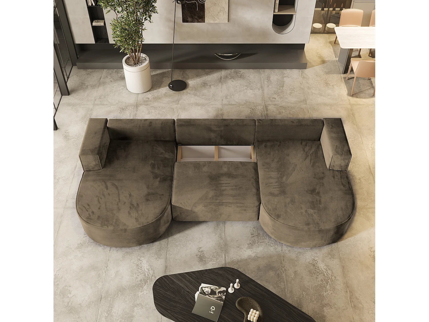 Canapé d'angle VEZZO Beige en velours avec fonction de couchage