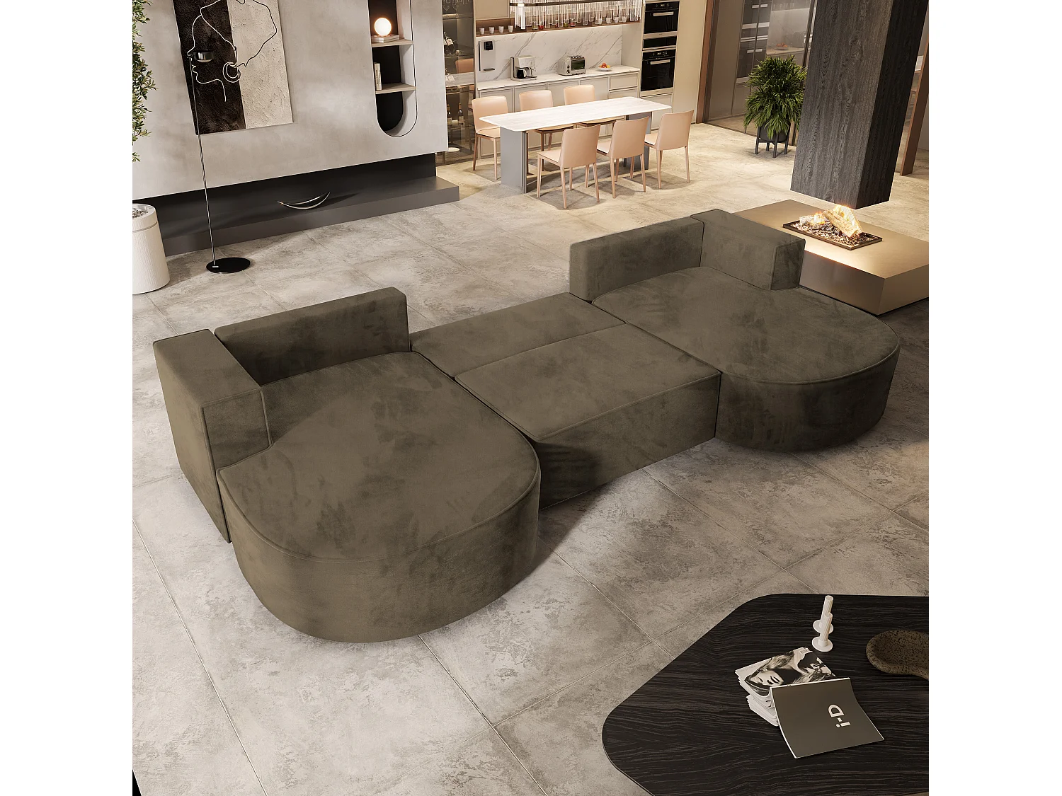 Canapé d'angle VEZZO Beige en velours avec fonction de couchage