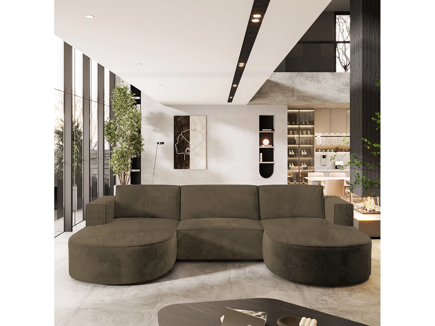 Canapé d'angle VEZZO Beige en velours avec fonction de couchage