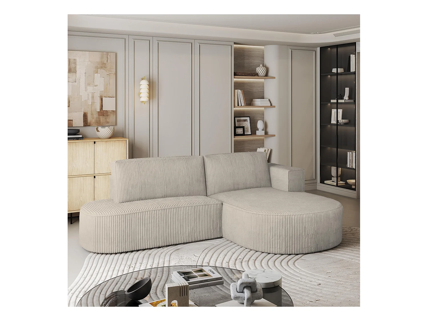 Canapé d'angle CORTIO Crème en velours côtelé avec fonction de couchage