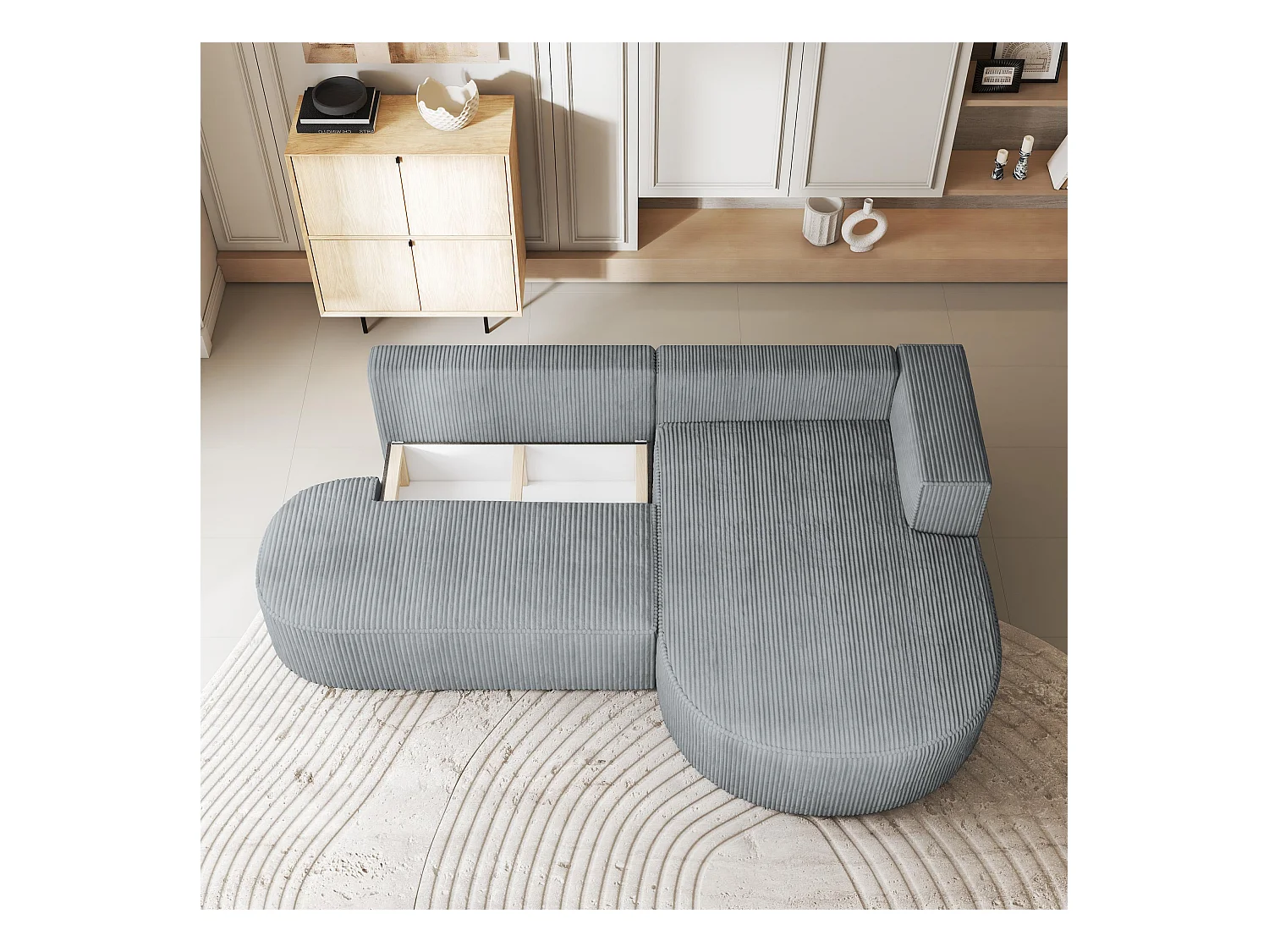 Canapé d'angle CORTIO Crème en velours côtelé avec fonction de couchage