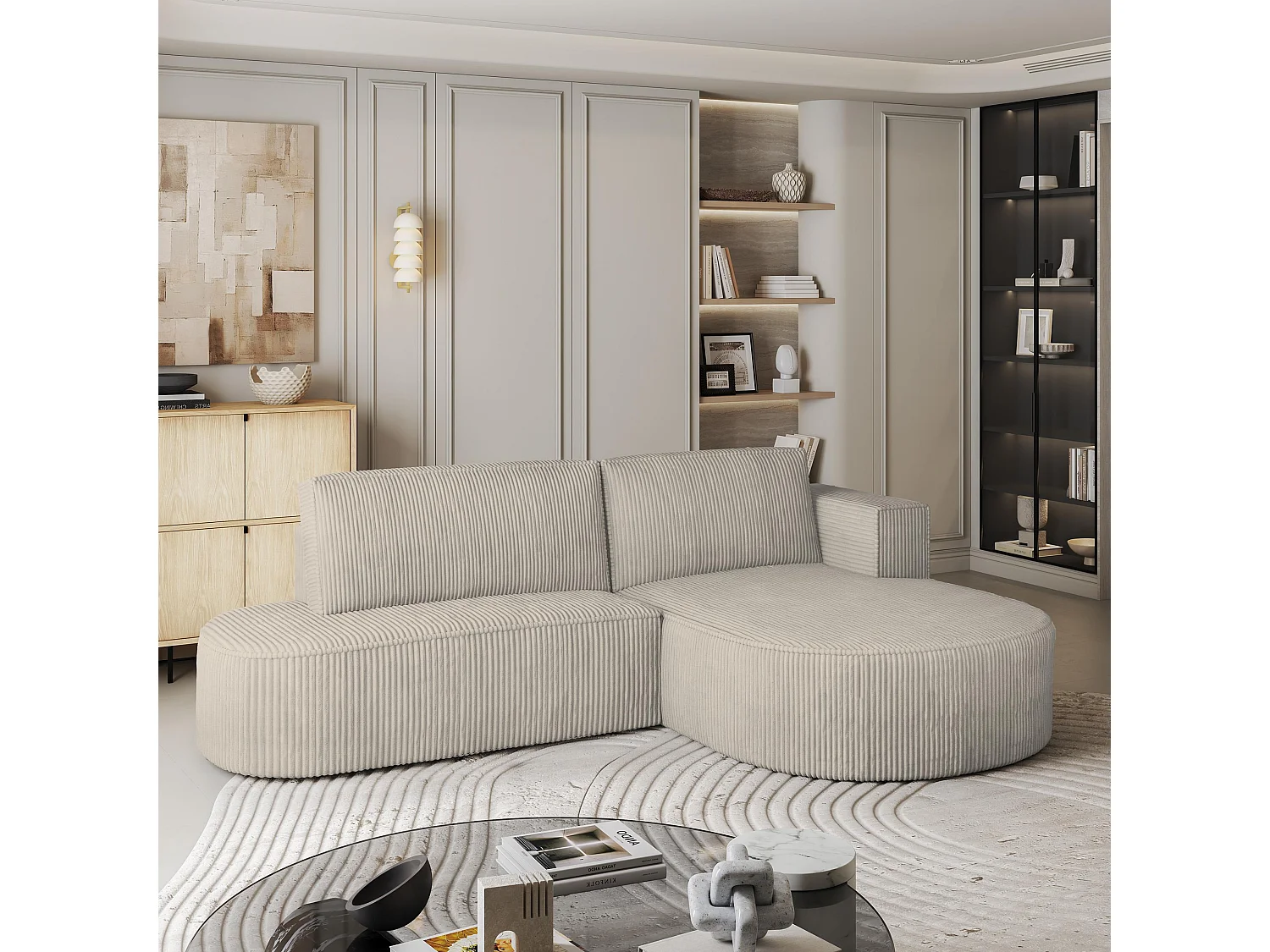 Canapé d'angle CORTIO Crème en velours côtelé avec fonction de couchage