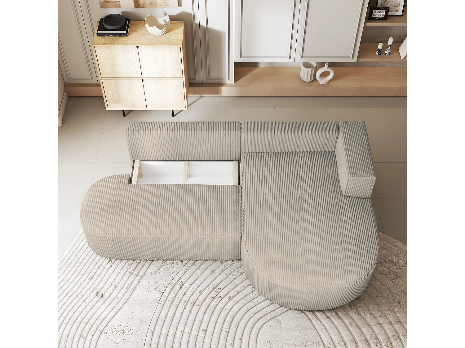 Canapé d'angle CORTIO Crème en velours côtelé avec fonction de couchage