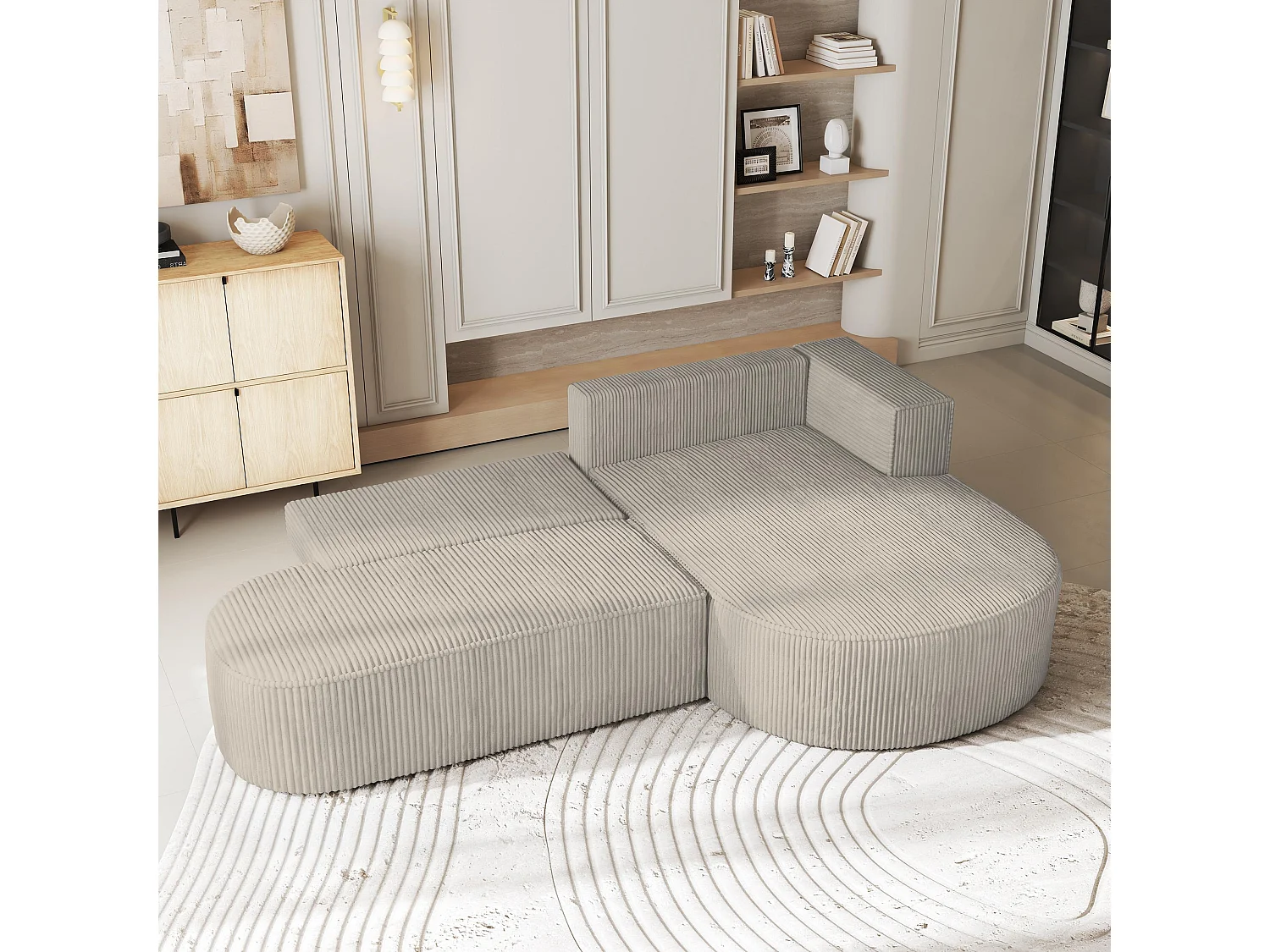 Canapé d'angle CORTIO Crème en velours côtelé avec fonction de couchage