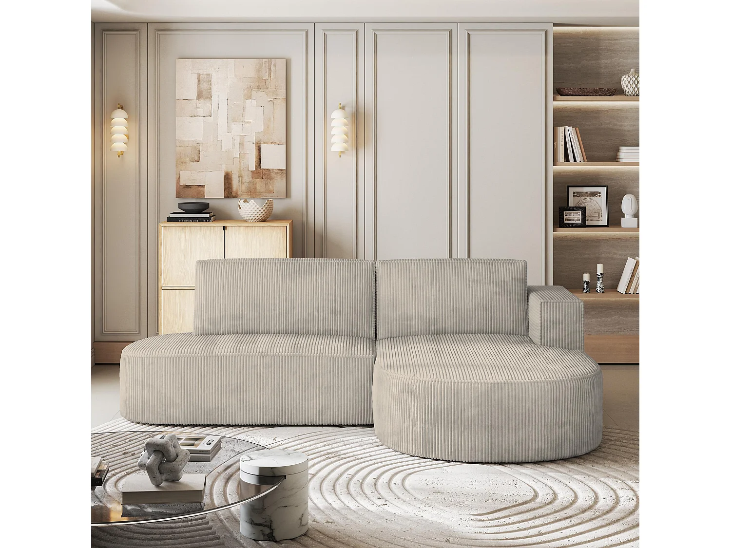 Canapé d'angle CORTIO Crème en velours côtelé avec fonction de couchage