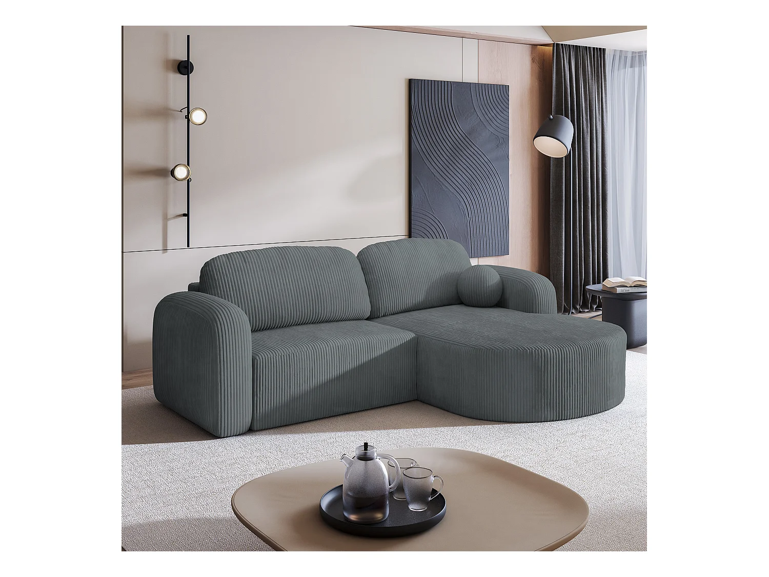 Canapé d'angle AMILIA Gris en velours côtelé avec fonction de couchage