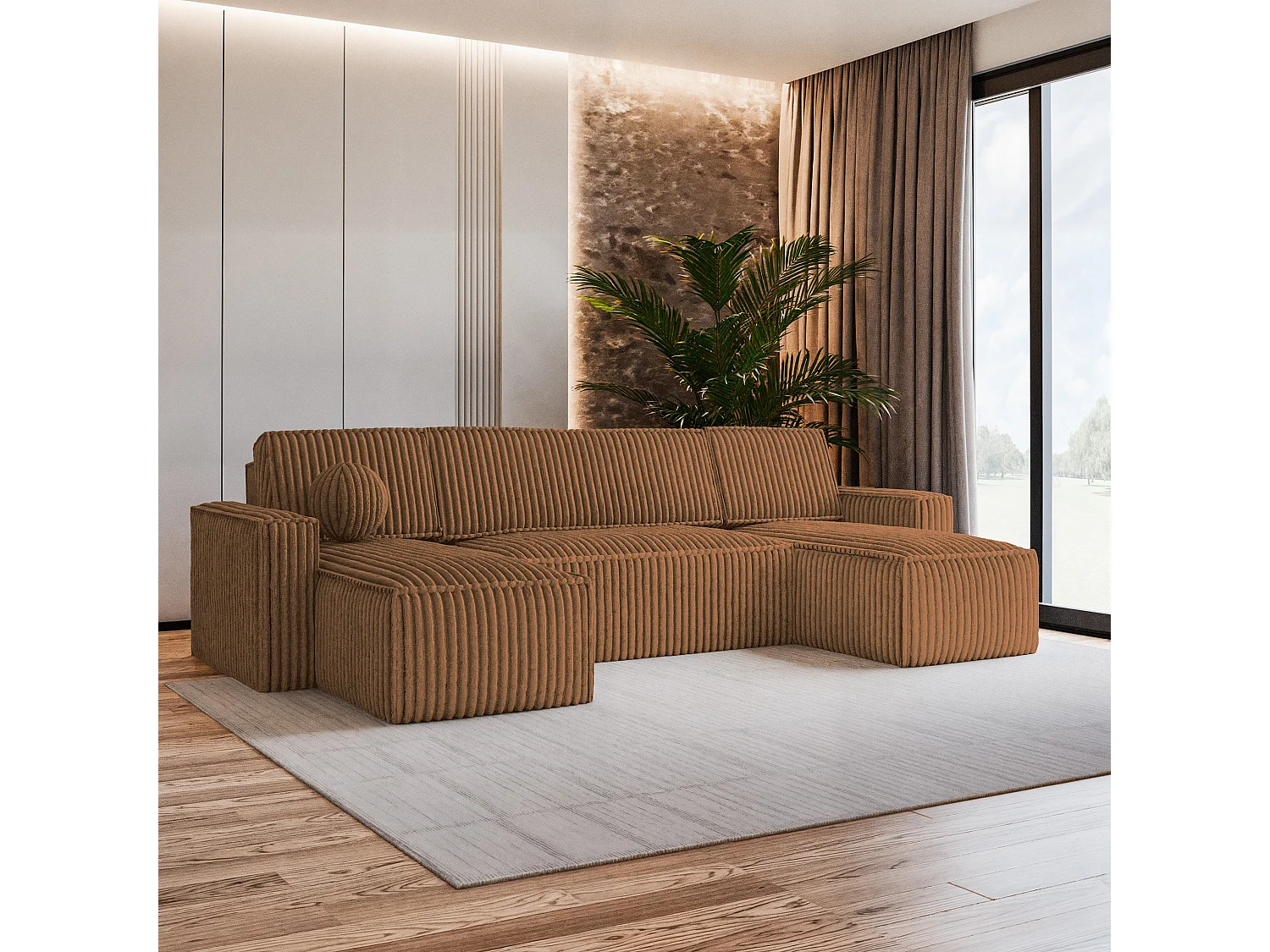 Canapé d'angle PESANO Cuivré en velours côtelé avec fonction de couchage