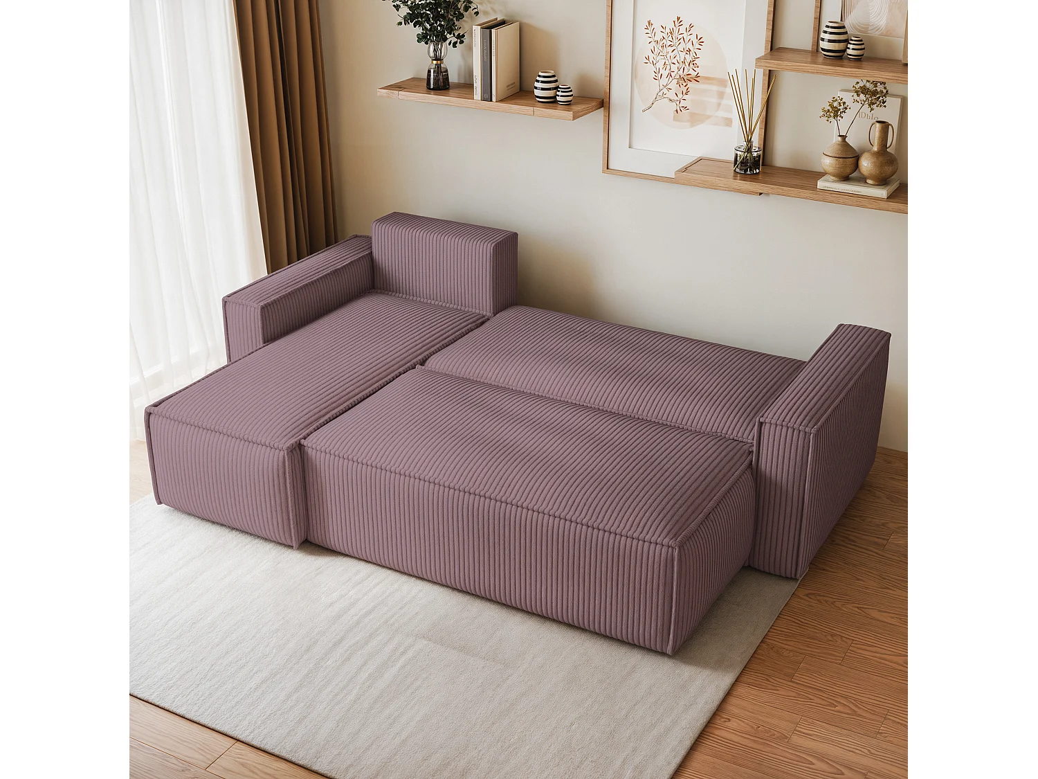 Canapé d'angle RAVELO Parme en velours côtelé avec fonction de couchage