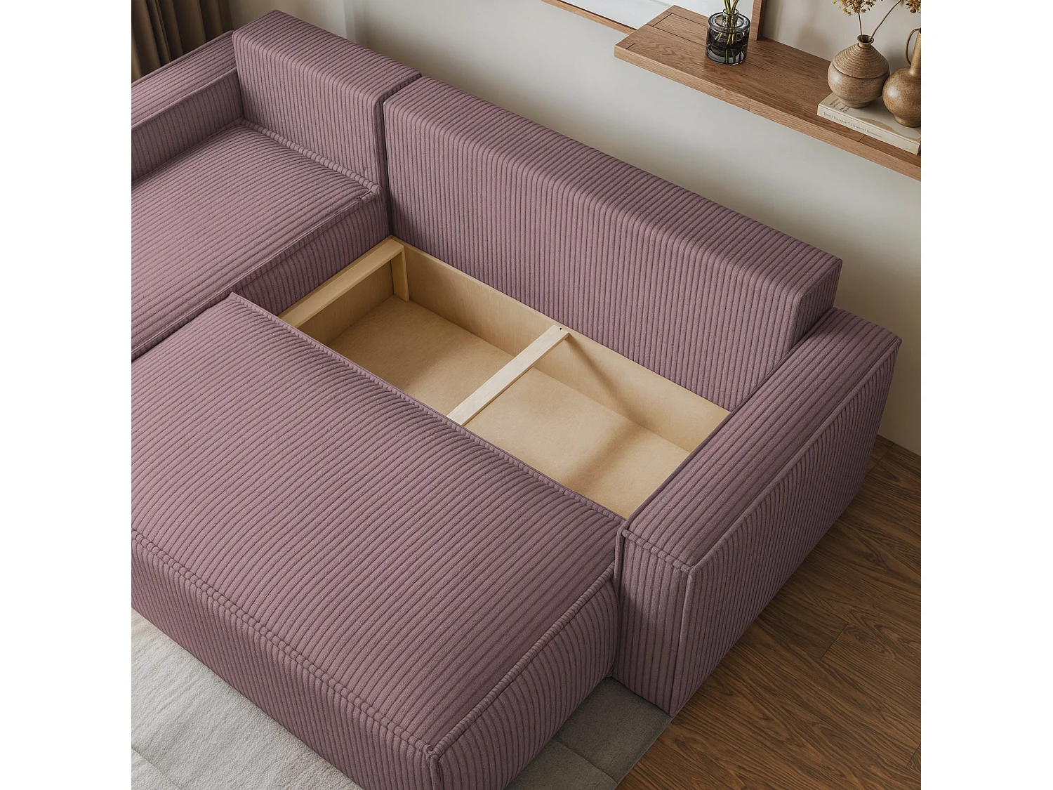 Canapé d'angle RAVELO Parme en velours côtelé avec fonction de couchage