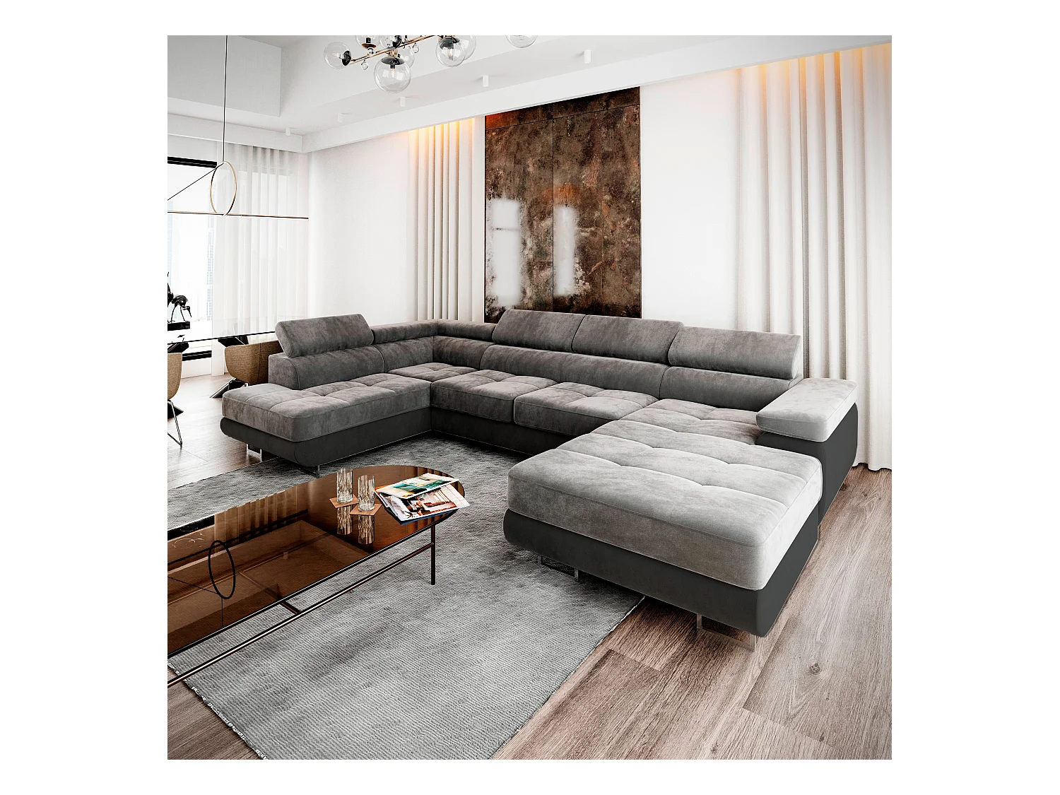 Canapé d'angle CASONE Gris clair en velours avec fonction de couchage