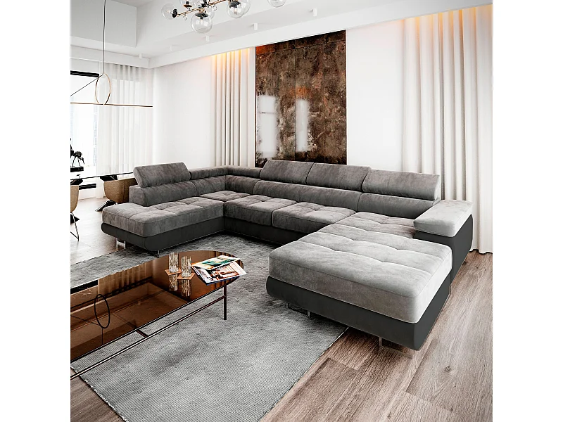 Canapé d'angle CASONE Gris clair en velours avec fonction de couchage