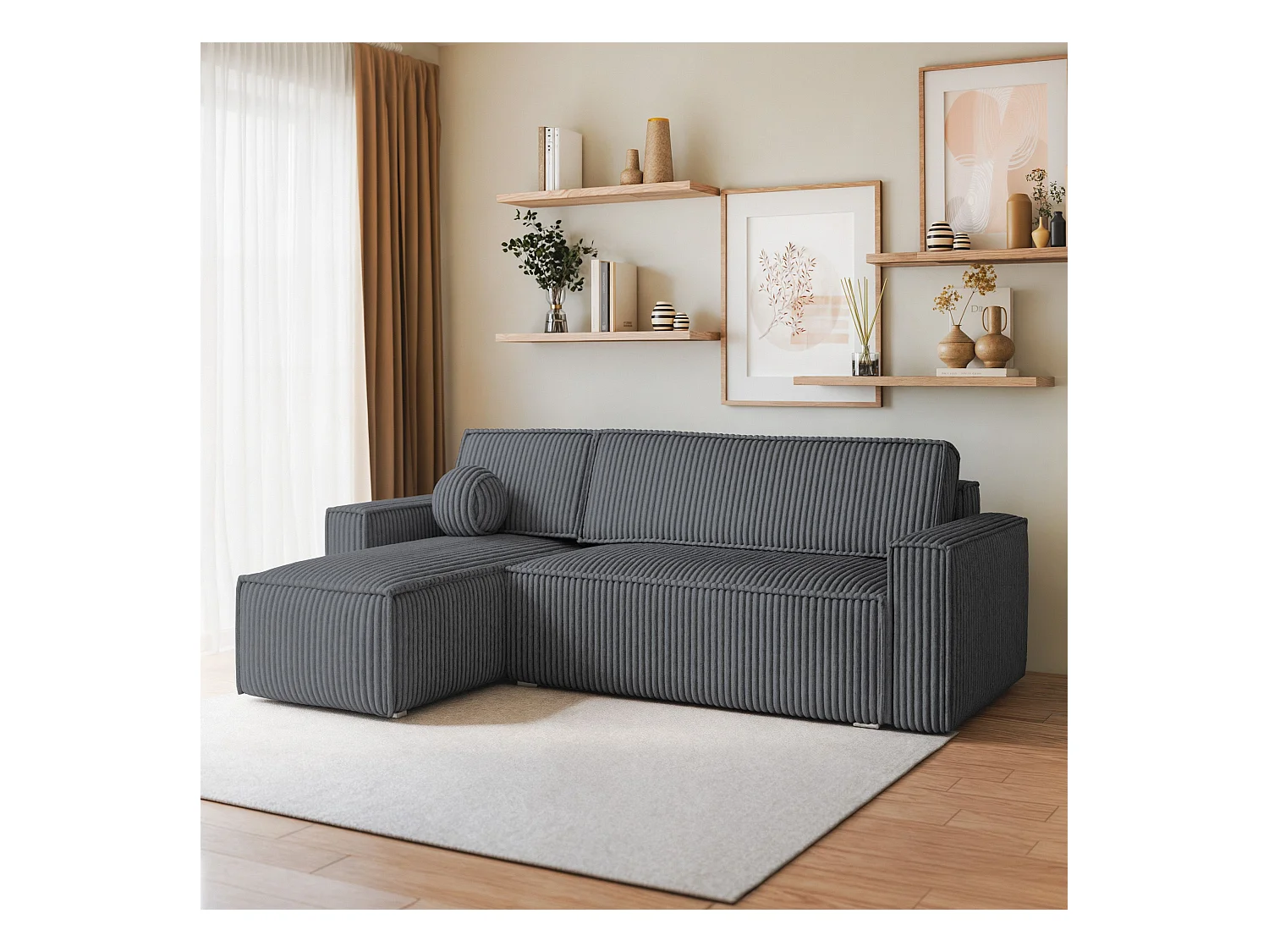 Canapé d'angle RAVELO Gris anthracite en velours côtelé avec fonction de couchage